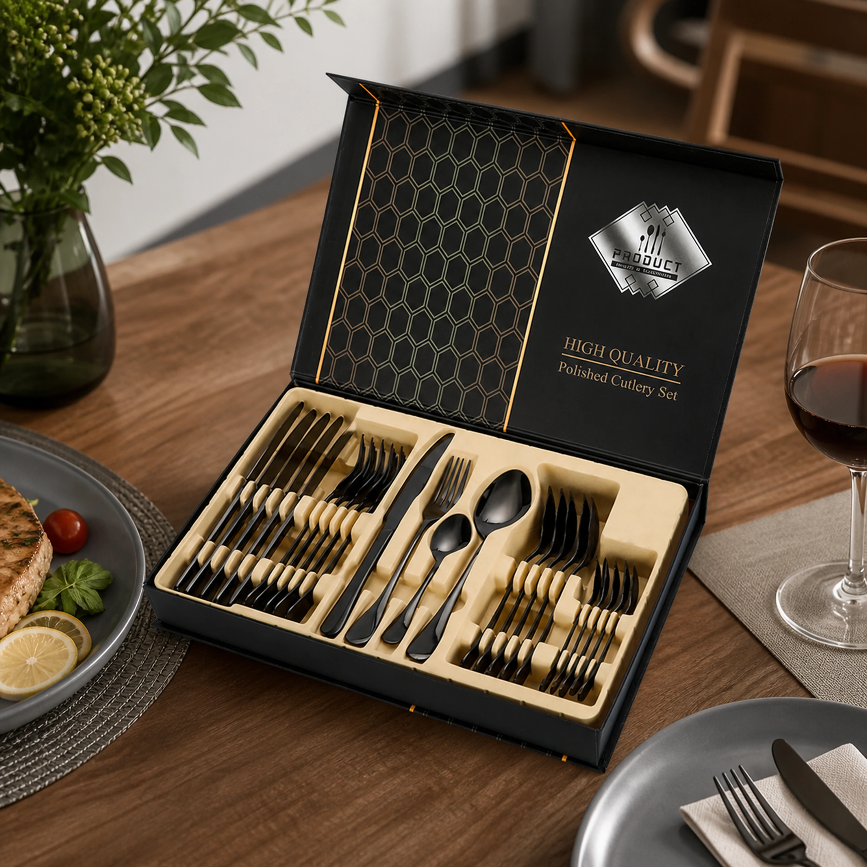Set de cubiertos de acero inoxidable, 24 piezas con estuche