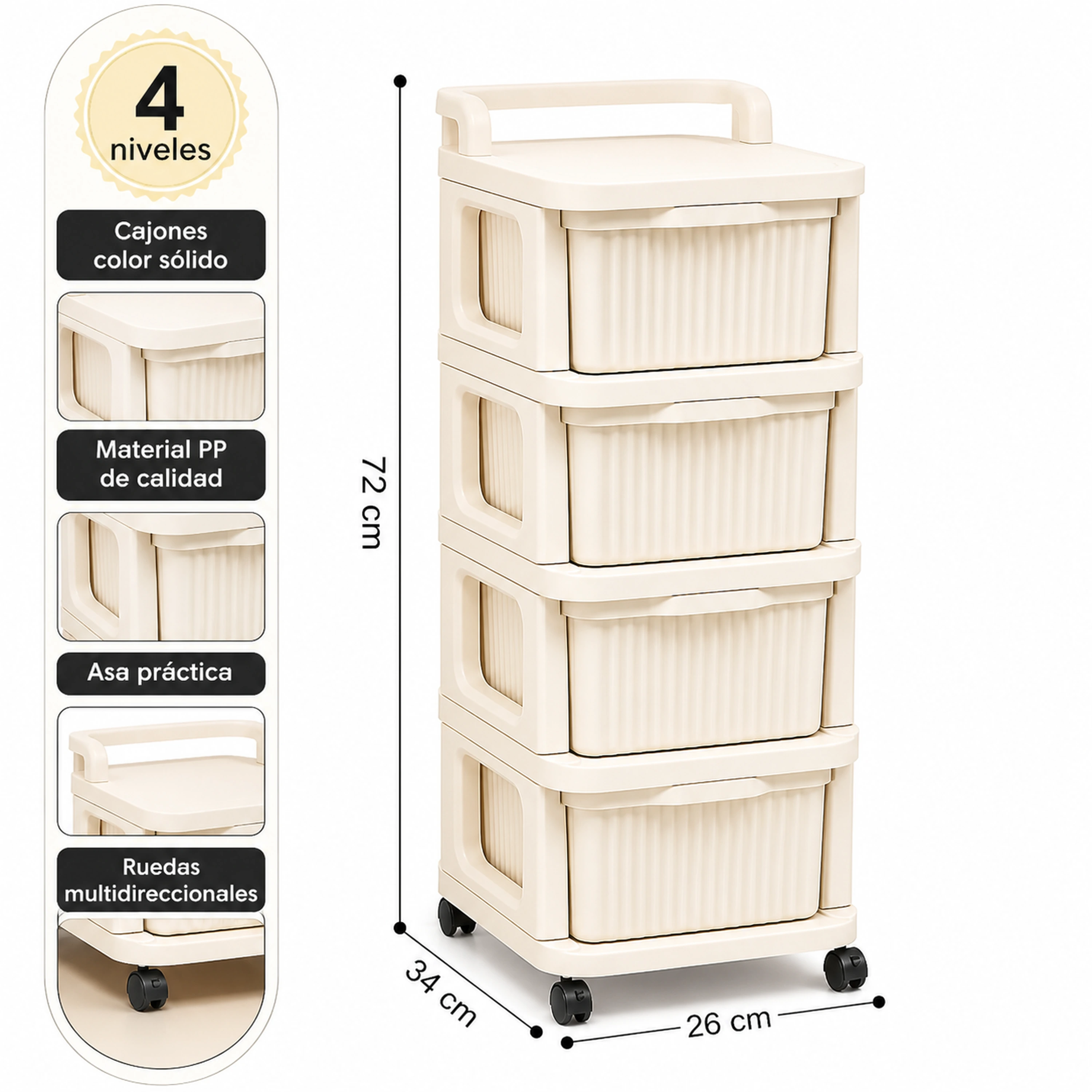 Carrito organizador 4 capas 34*26*72cm Plástico Blanco roto