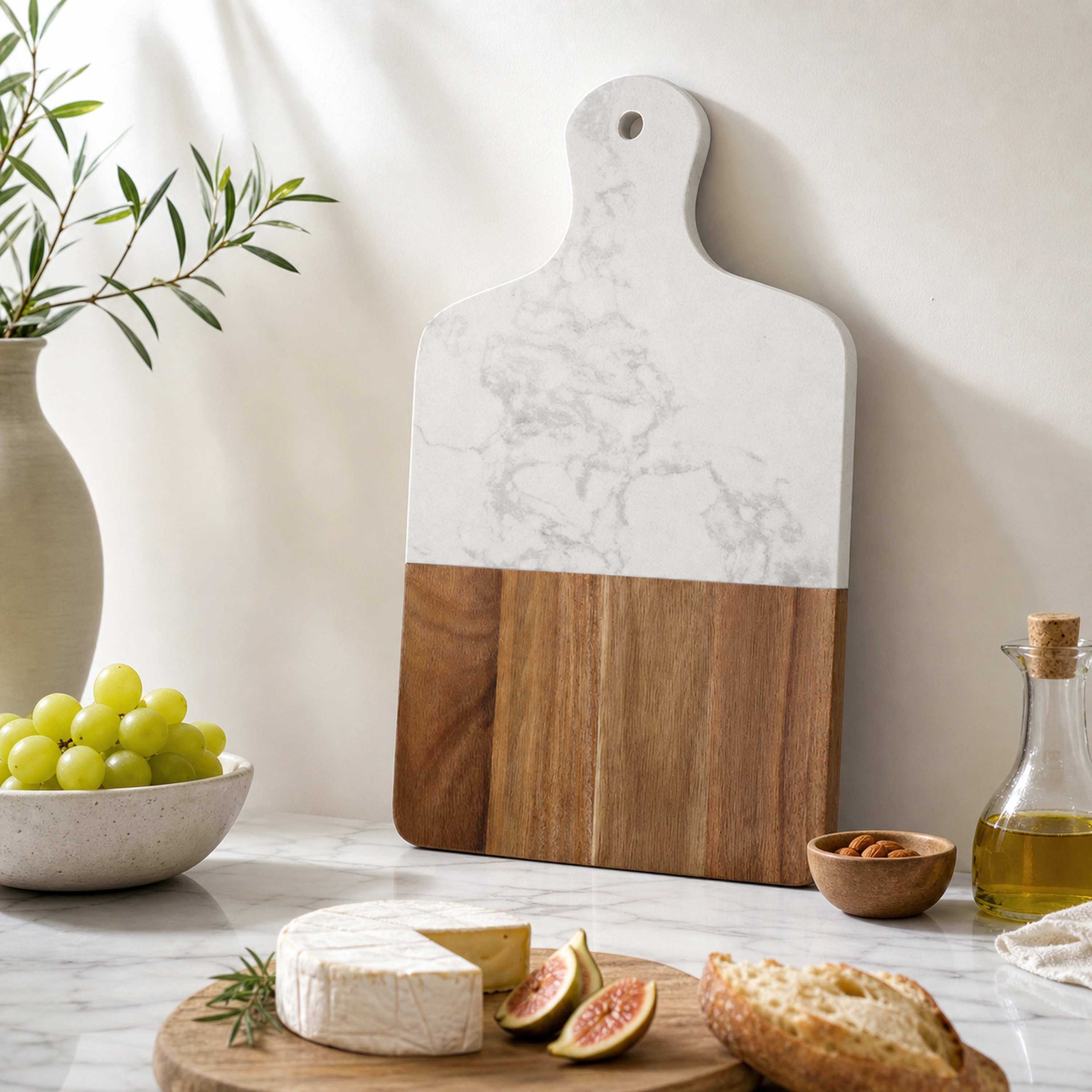 Tabla de cortar de mármol y madera de acacia estilo raqueta image 1