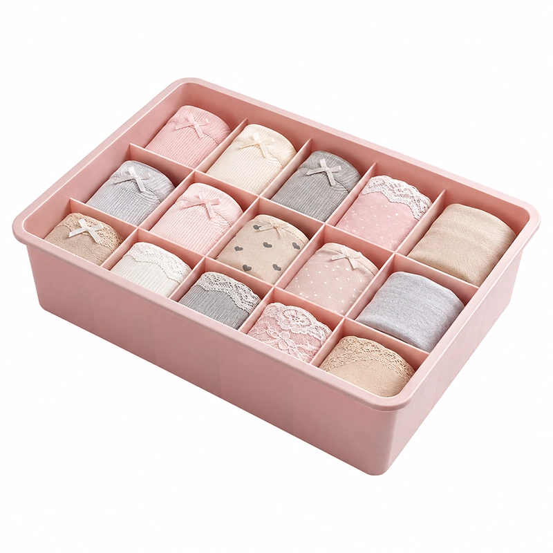 Caja organizadora 31x24x8cm con 15 compartimentos de plástico color rosa