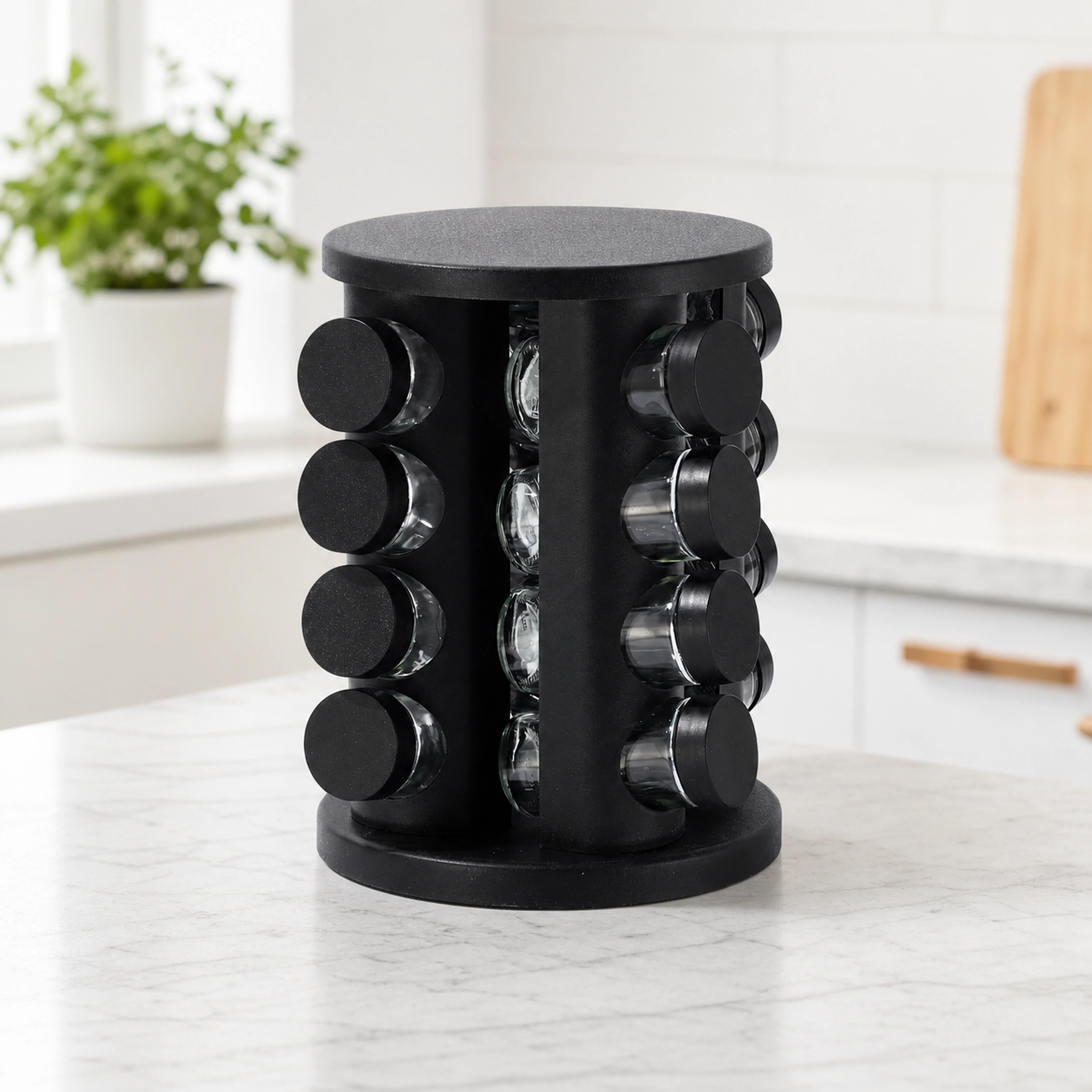 Organizador Giratorio de Especias de Plástico, Vidrio y PP Negro / Blanco / Azul 16 Frascos