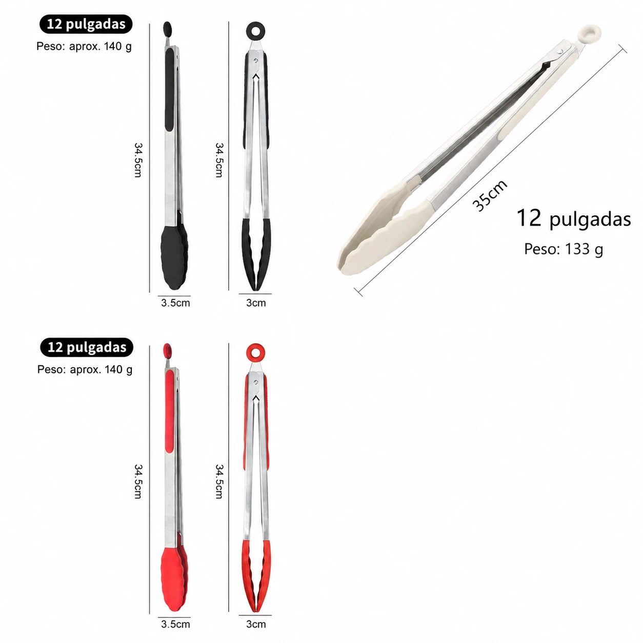 Pinza para Alimentos para Preparar Alimentos de Silicona y Acero Inoxidable Negro / Blanco / Rojo