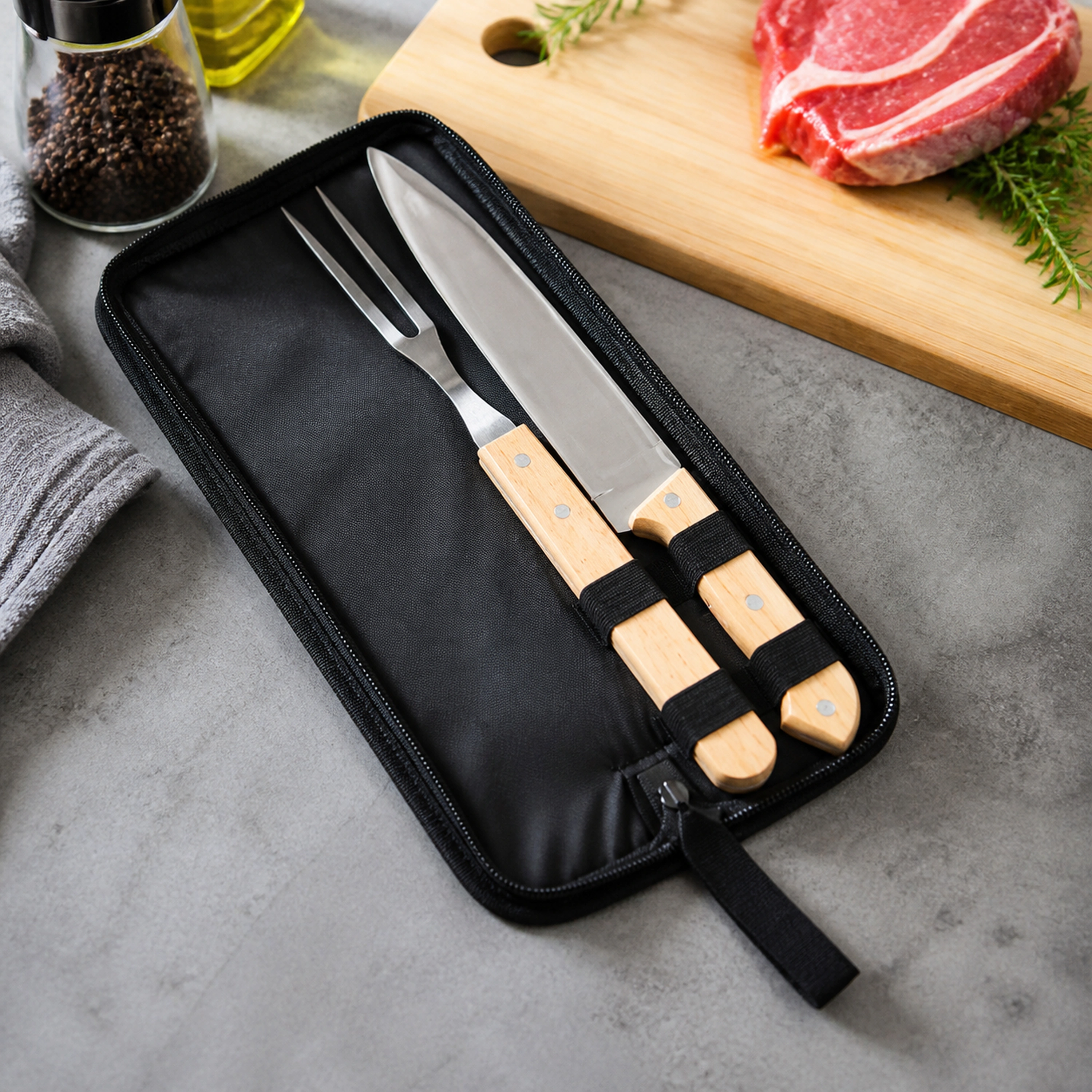 Set BBQ acero inoxidable mango madera parrilla 4 piezas