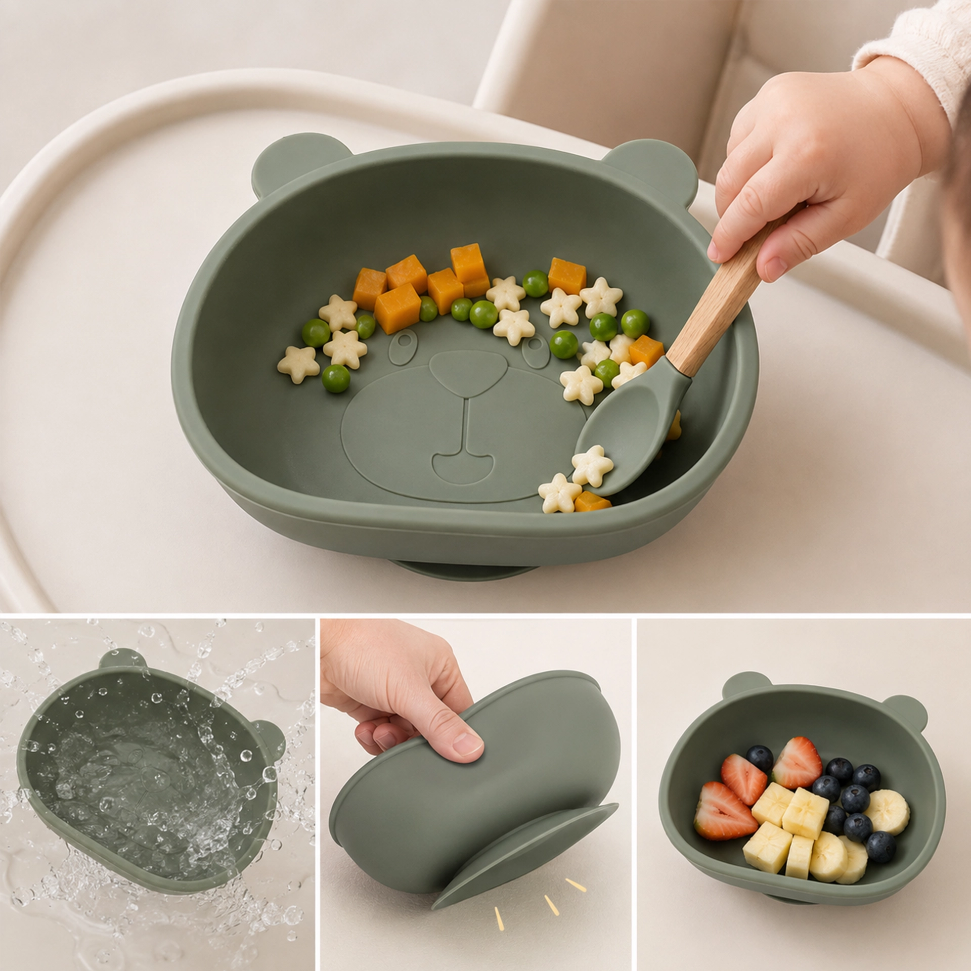 Bol de Silicona para Bebés, 13.5*10.5*5cm, con Diseño de Panda, Grado Alimenticio con Ventosa