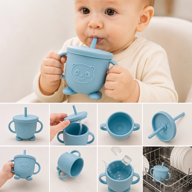Vaso con Popote para Bebés de Silicona, 100g, Grado Alimenticio con Doble Asa, Escala y Tapa