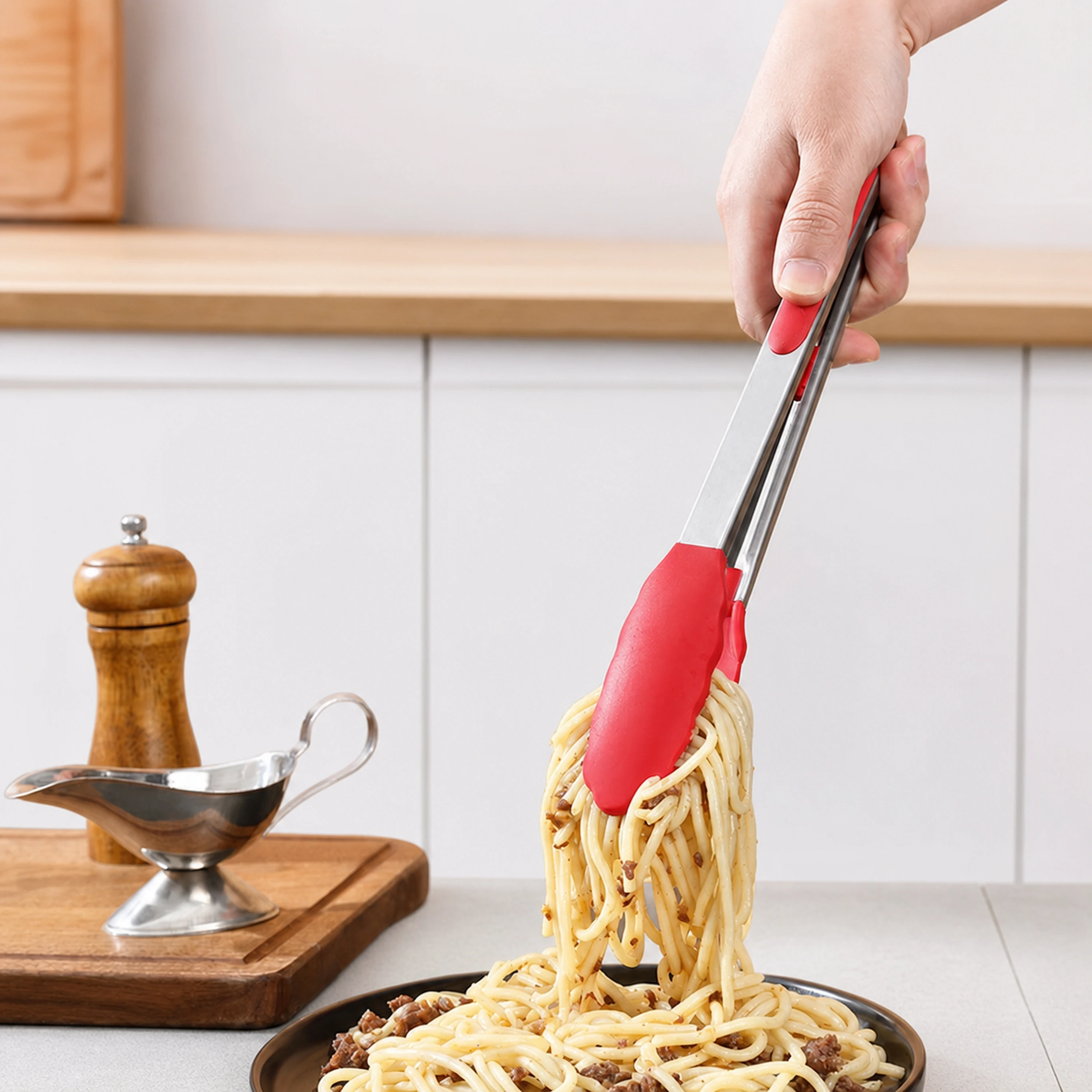 Pinza para Alimentos para Preparar Alimentos de Silicona y Acero Inoxidable Negro / Blanco / Rojo