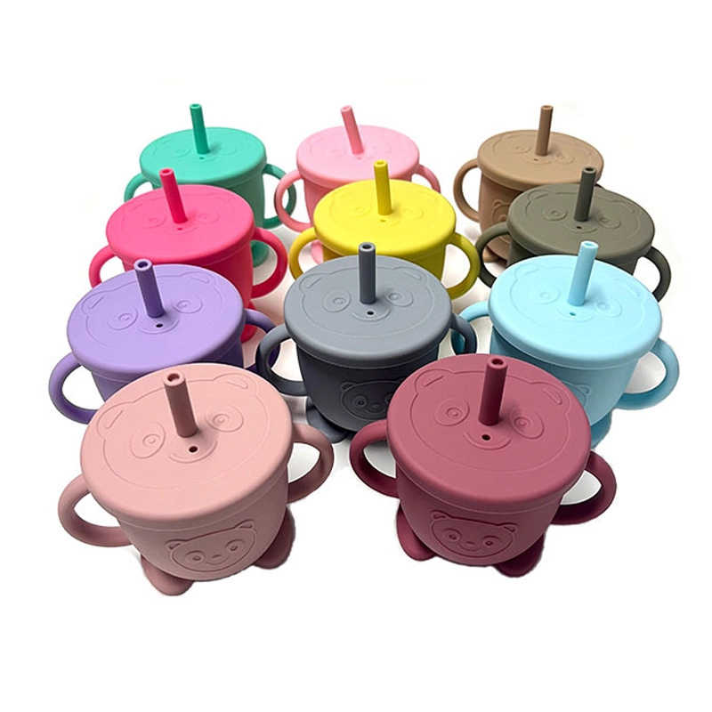 Vaso con Popote para Bebés de Silicona, 100g, Grado Alimenticio con Doble Asa, Escala y Tapa