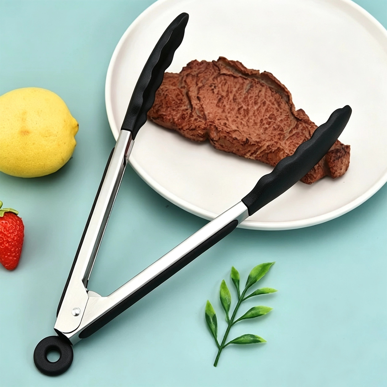 Pinza para Alimentos de Silicona para Preparar Alimentos de Silicona y Acero Inoxidable Negro