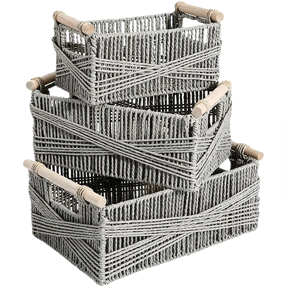 Cesta de Almacenamiento Set de 3 Piezas Tejido de Papel Gris Madera