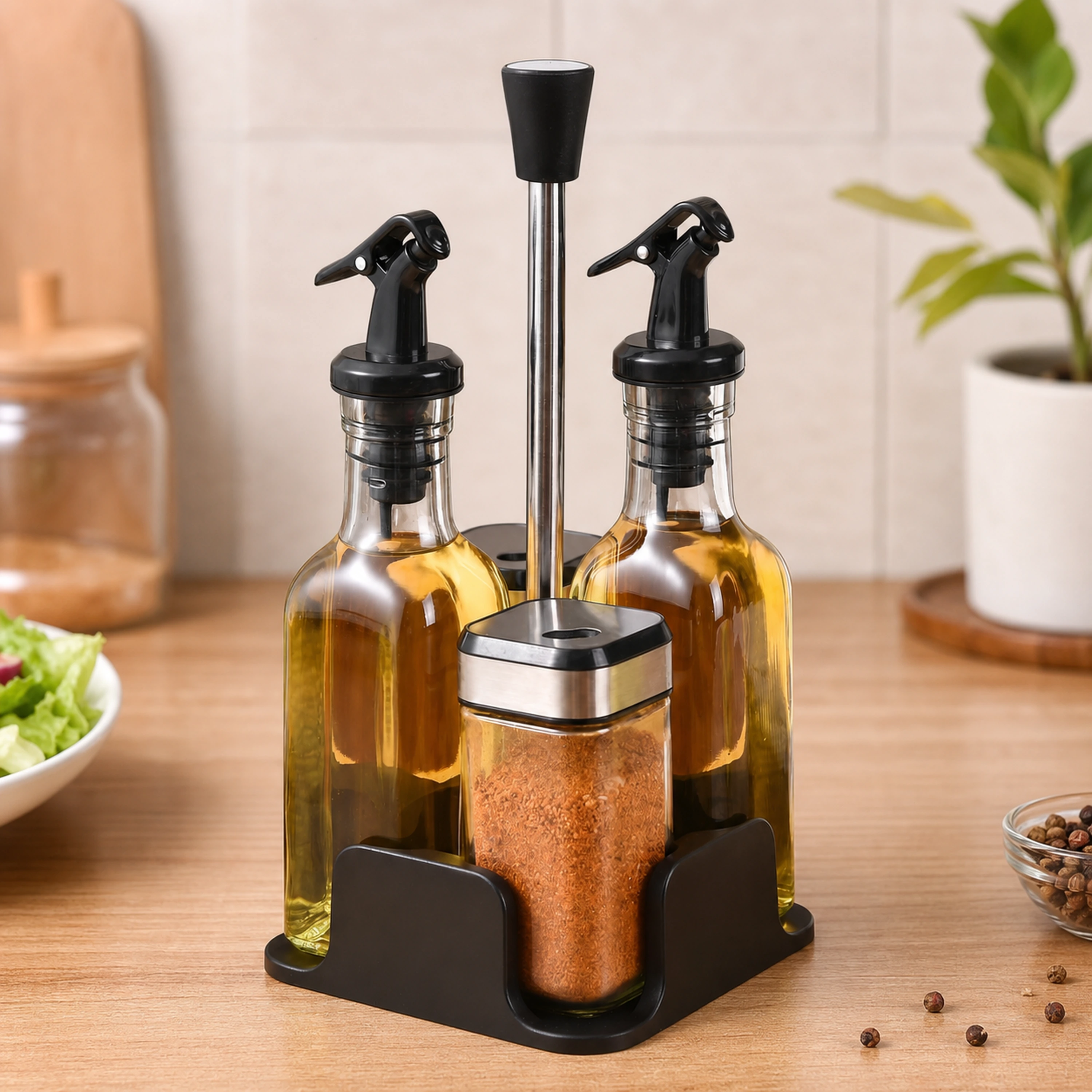 Juego De Frascos Para Condimentos 4 Piezas 120ML + 190ML Plástico + Vidrio Plateado Negro