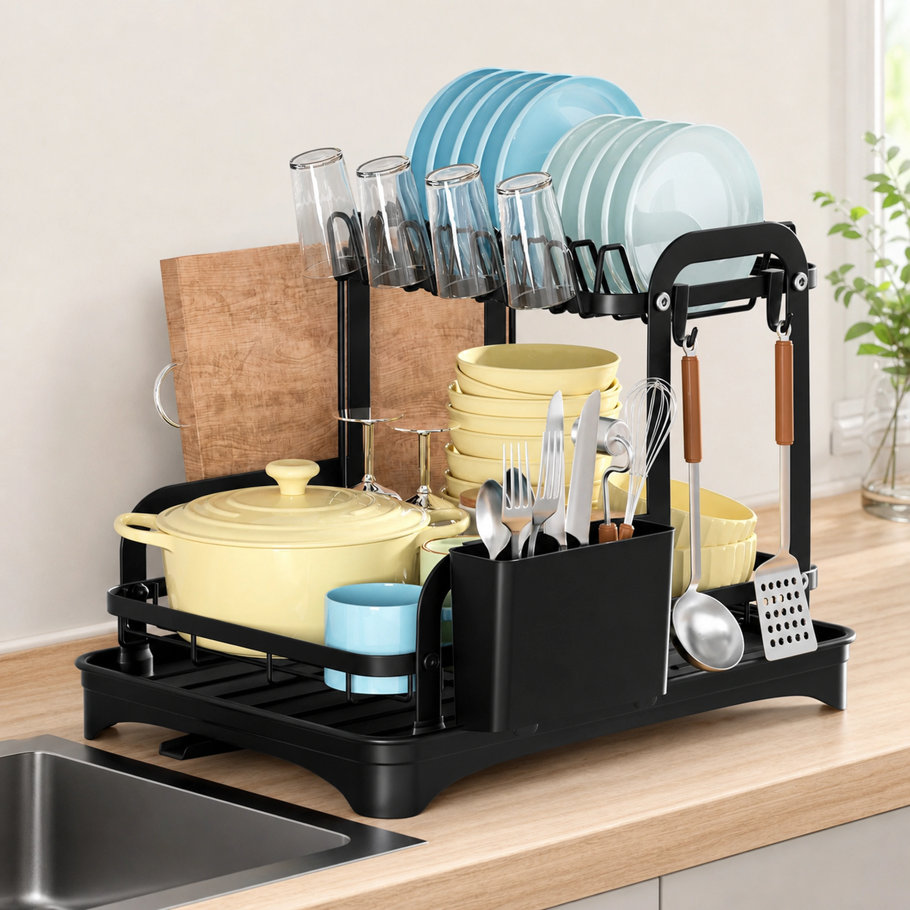 Organizador de Platos de Doble Nivel con Rotación Negra de Cocina de Hierro Negro 42 x 30 x 32 cm image 1