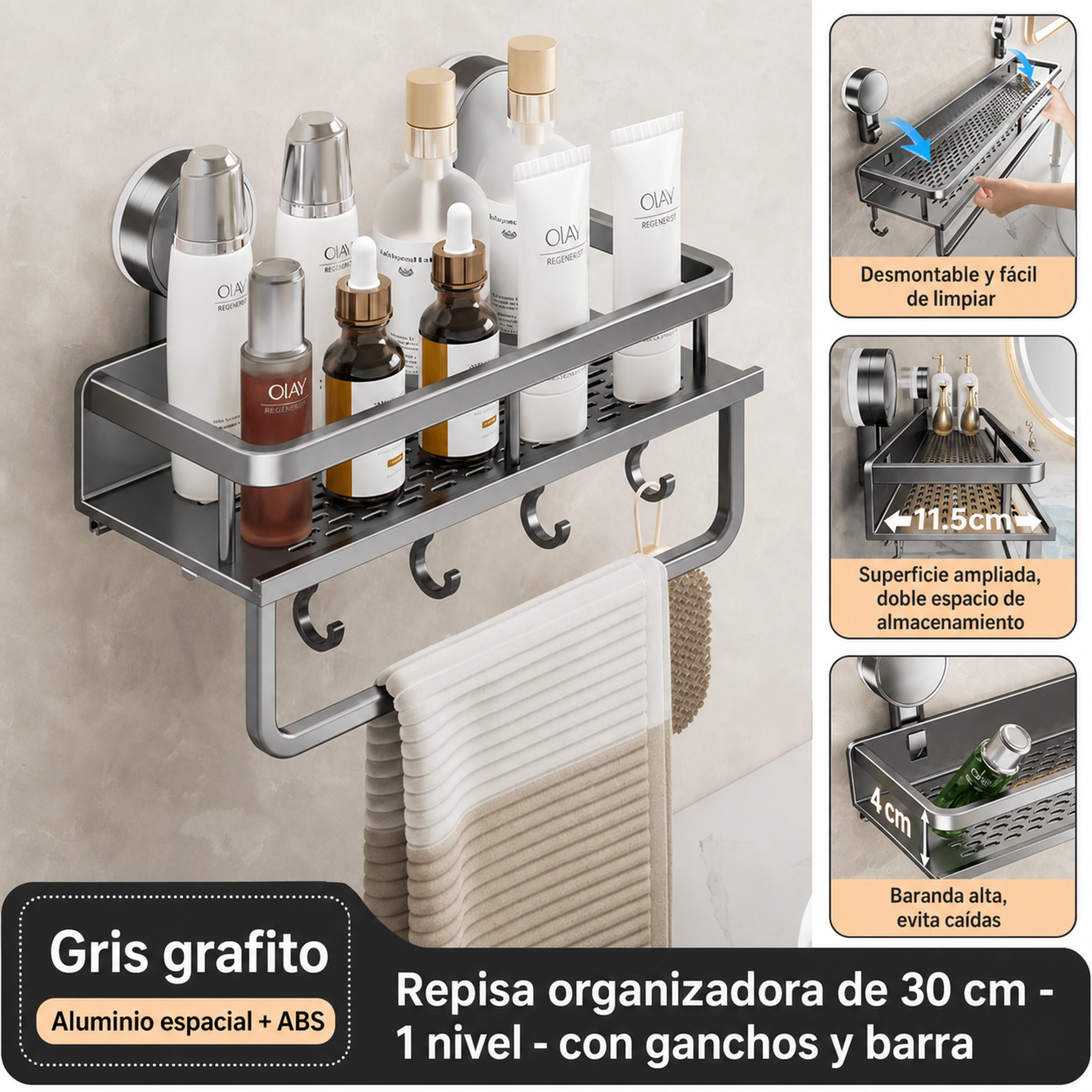 Organizador de pared con ventosa 30cm con gancho y varilla Aleación de aluminio image 2