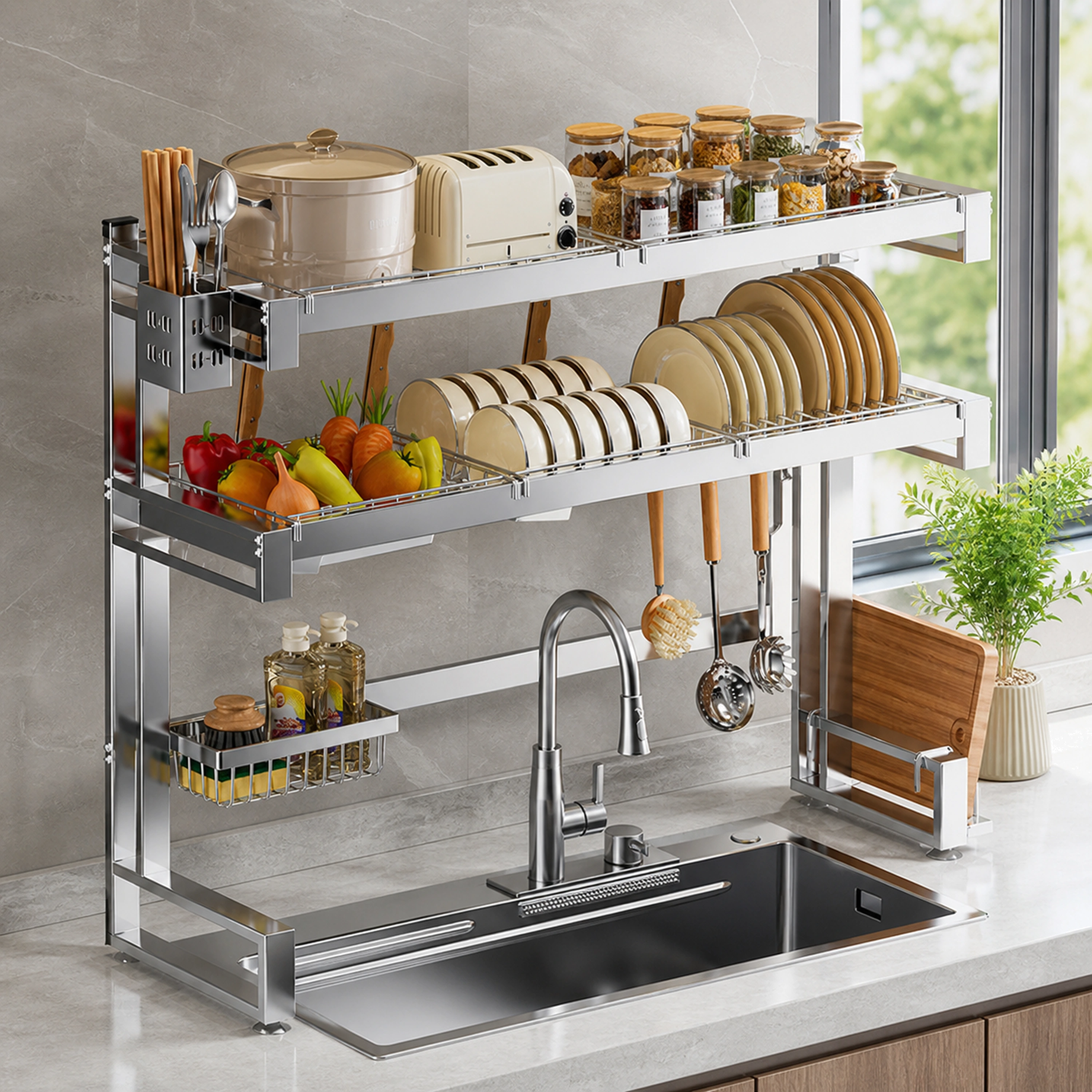 Organizador de Cocina de Acero al Carbono Plata