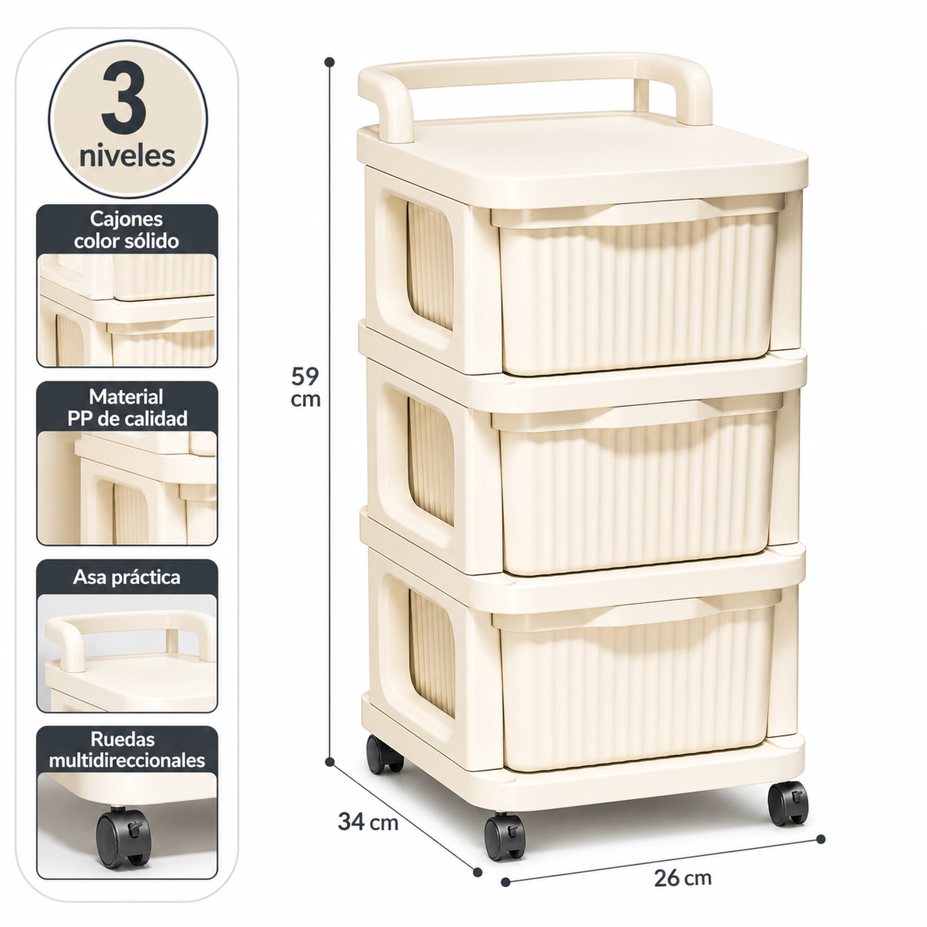 Carrito organizador 3 capas 34*26*59cm Plástico Blanco roto