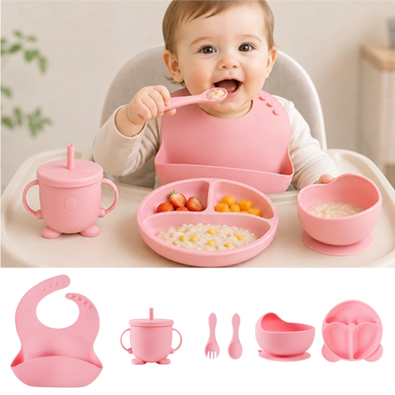 Juego de Utensilios de Silicona para Bebés, 8 Piezas con Bol para Papillas