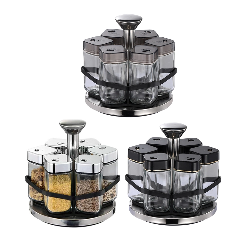 Vidrio, acero inoxidable organizador de especias de 6 compartimentos para condimentos de cocina