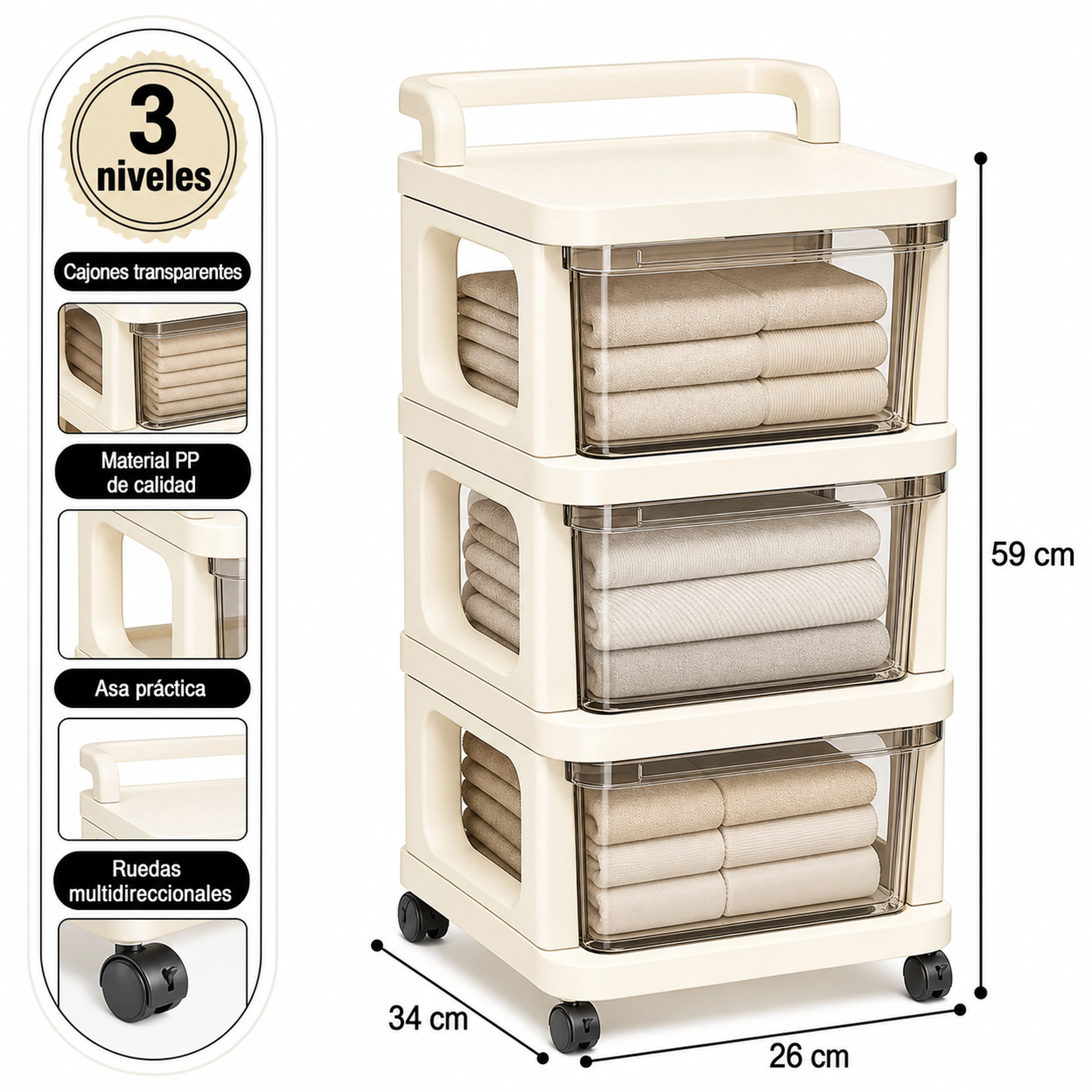 Carrito organizador 3 capas 26*34*59cm Plástico Transparente