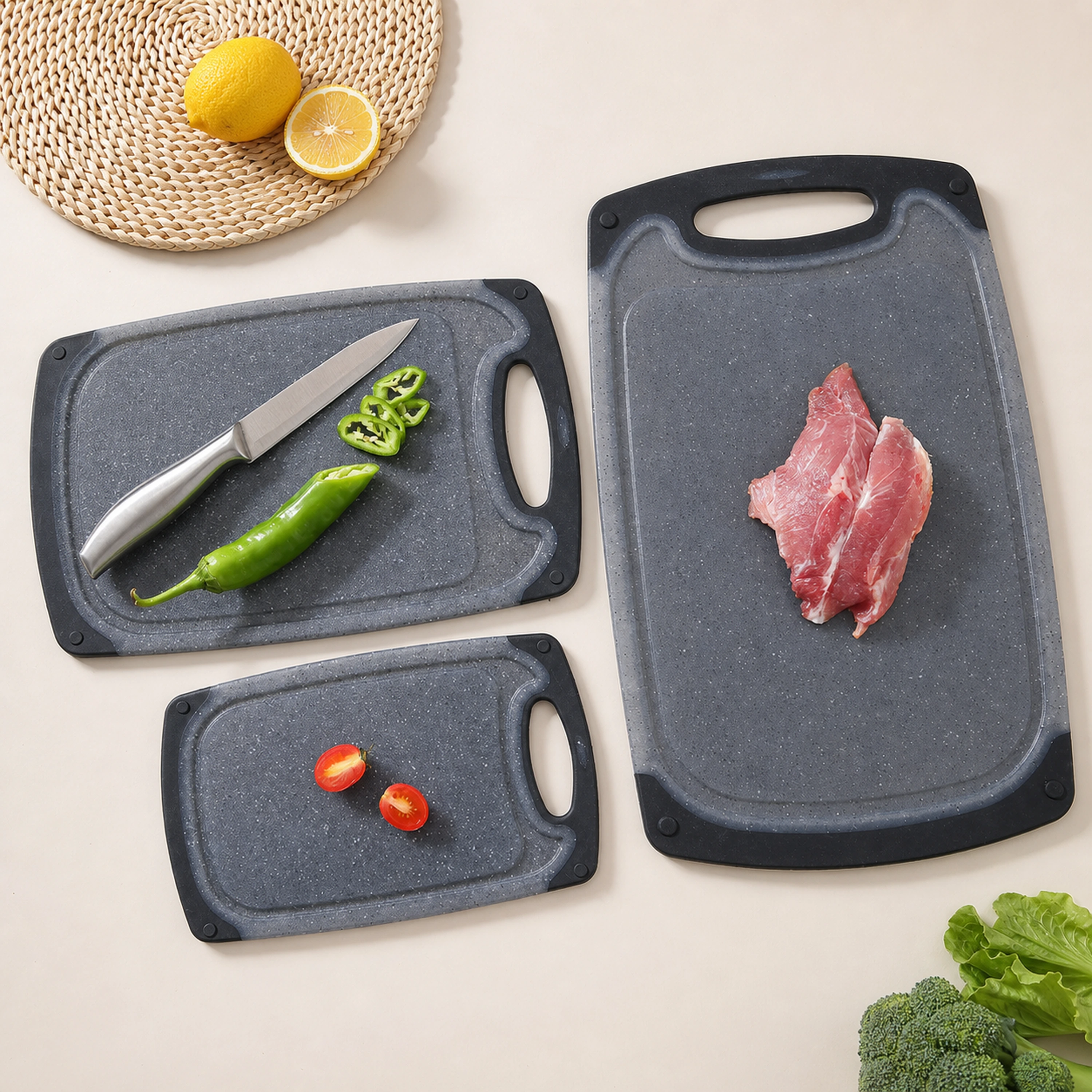Juego de 3 Tablas de Cortar TPR para Preparar Alimentos de Plástico TPR Negro 3 Piezas image 1