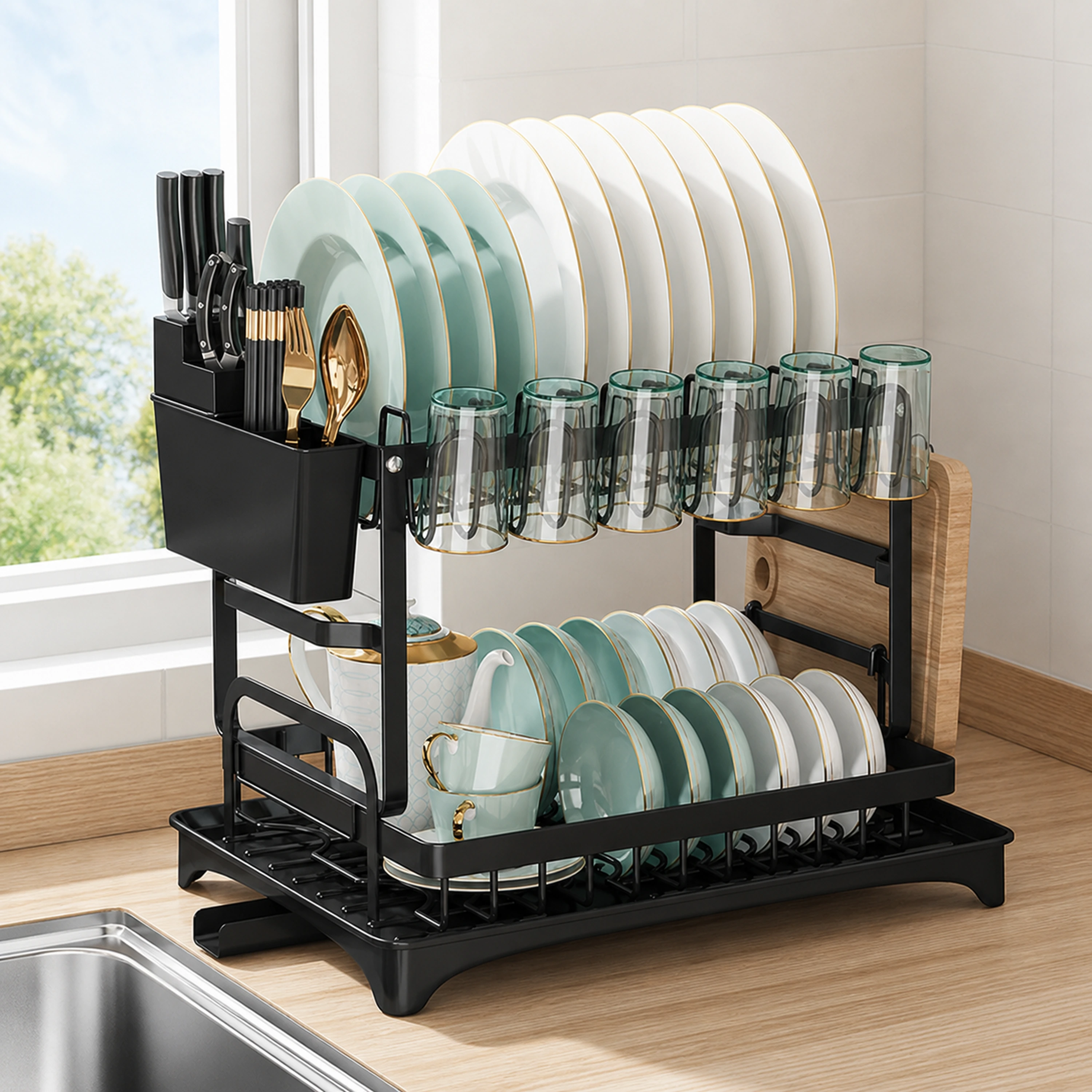Organizador de Platos de Doble Nivel de Cocina de Hierro Negro / Blanco 2 kg