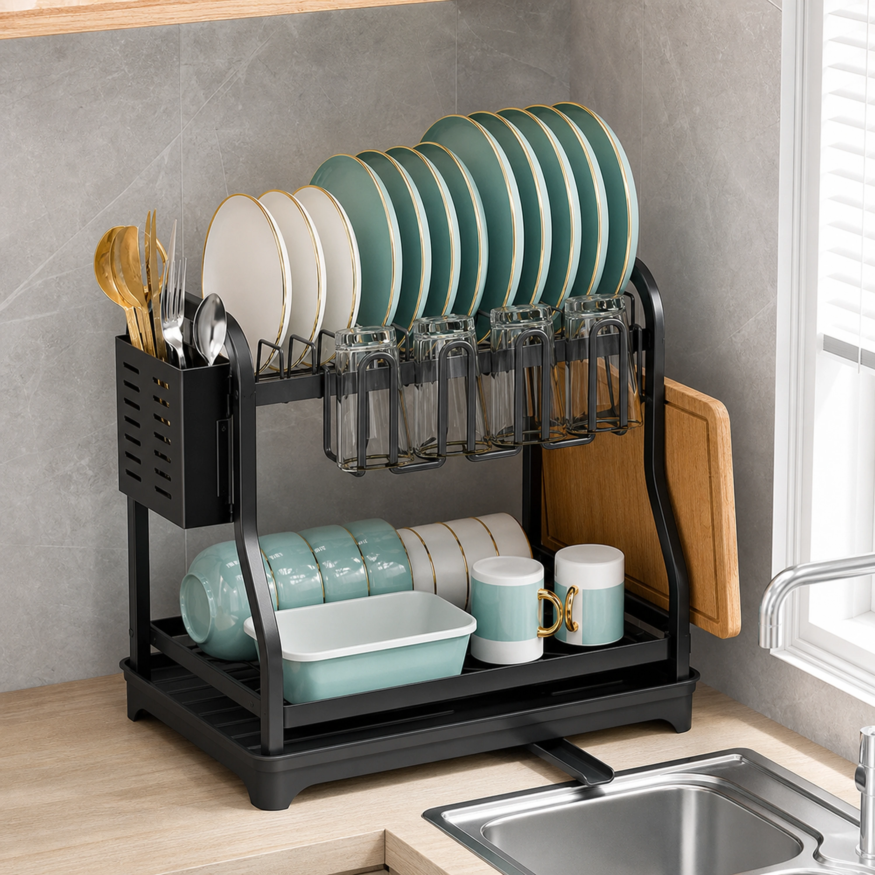 Organizador de Platos y Tazas de Cocina de Acero al Carbono Negro 44 x 24.5 x 36.5 cm image 1