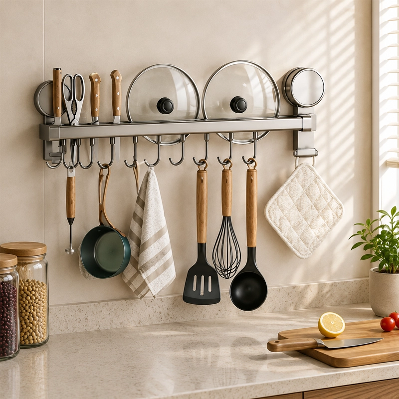 Organizador con Ganchos de Ventosa 6*50*12cm Tubo de Aluminio Aeroespacial Gris