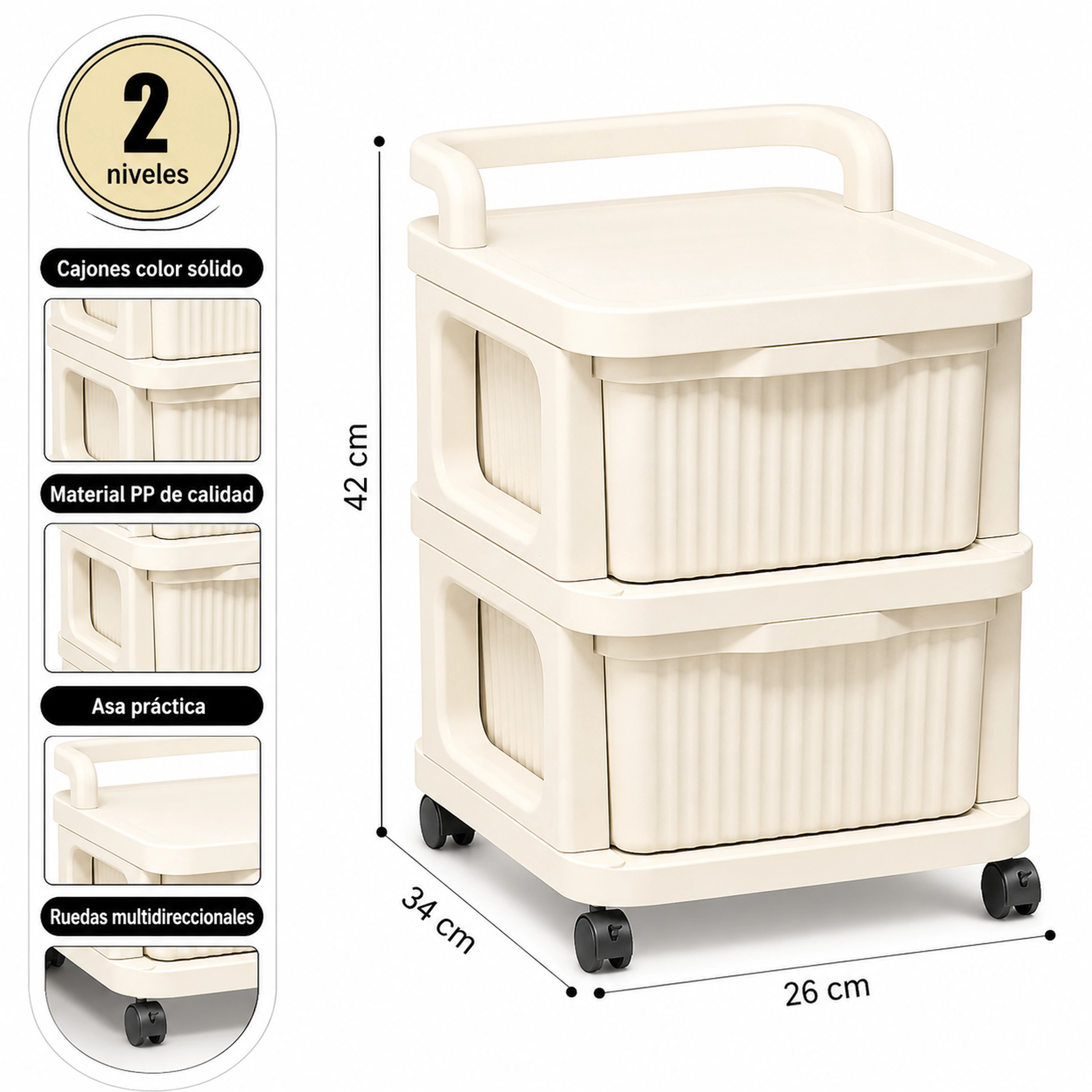 Carrito organizador 2 capas 34*26*42cm Plástico Blanco roto