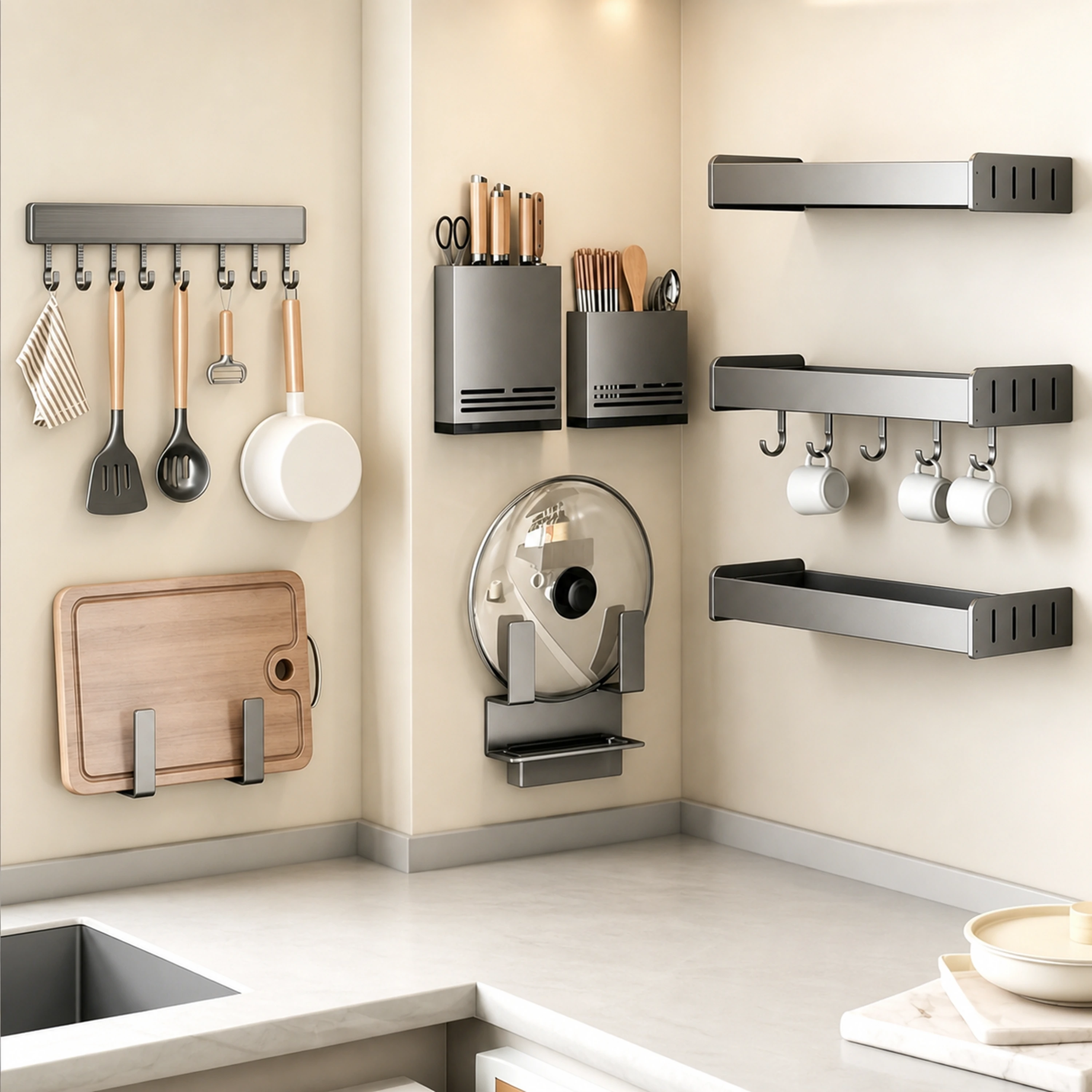 Juego de Organizadores de Cocina de Aluminio Gris Oscuro / Gris Mate