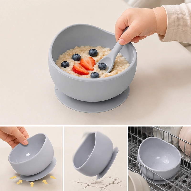 Bol de Silicona para Bebés, 11.5*8.5cm, con Ventosa Integrada, de Entrenamiento Anti-caídas y Anti-quemaduras