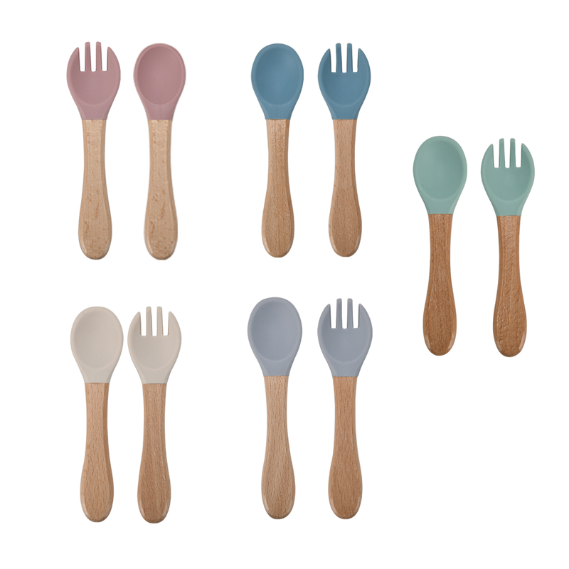 Utensilios de Alimentación para Bebés, 14*3.5cm, Tenedor y Cuchara con Mango de Madera y Punta de Silicona, en Tonos Morandi