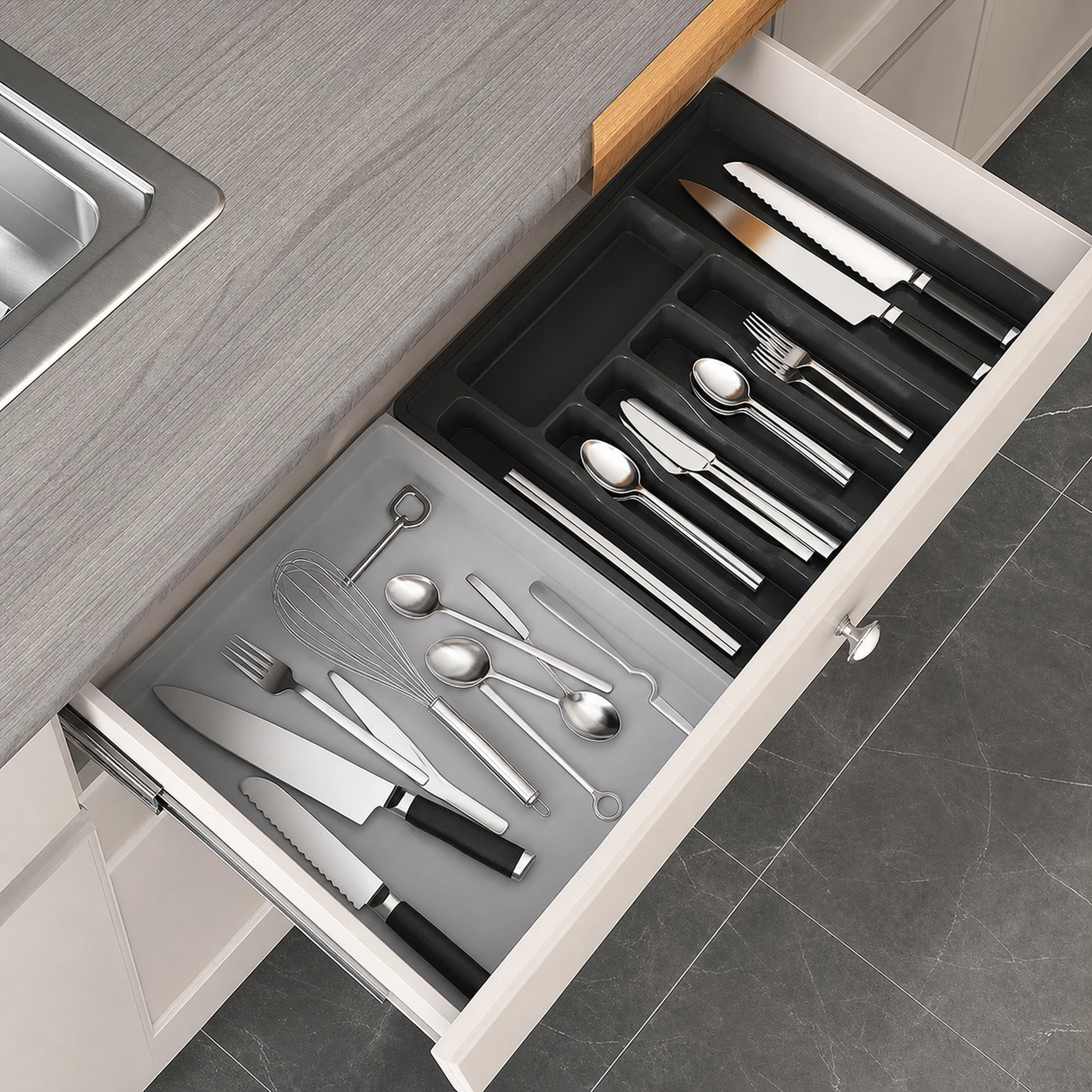 Caja Organizadora de Cubiertos de Cocina de Plástico Negro / Blanco / Gris 33x 38 x 5 cm image 1
