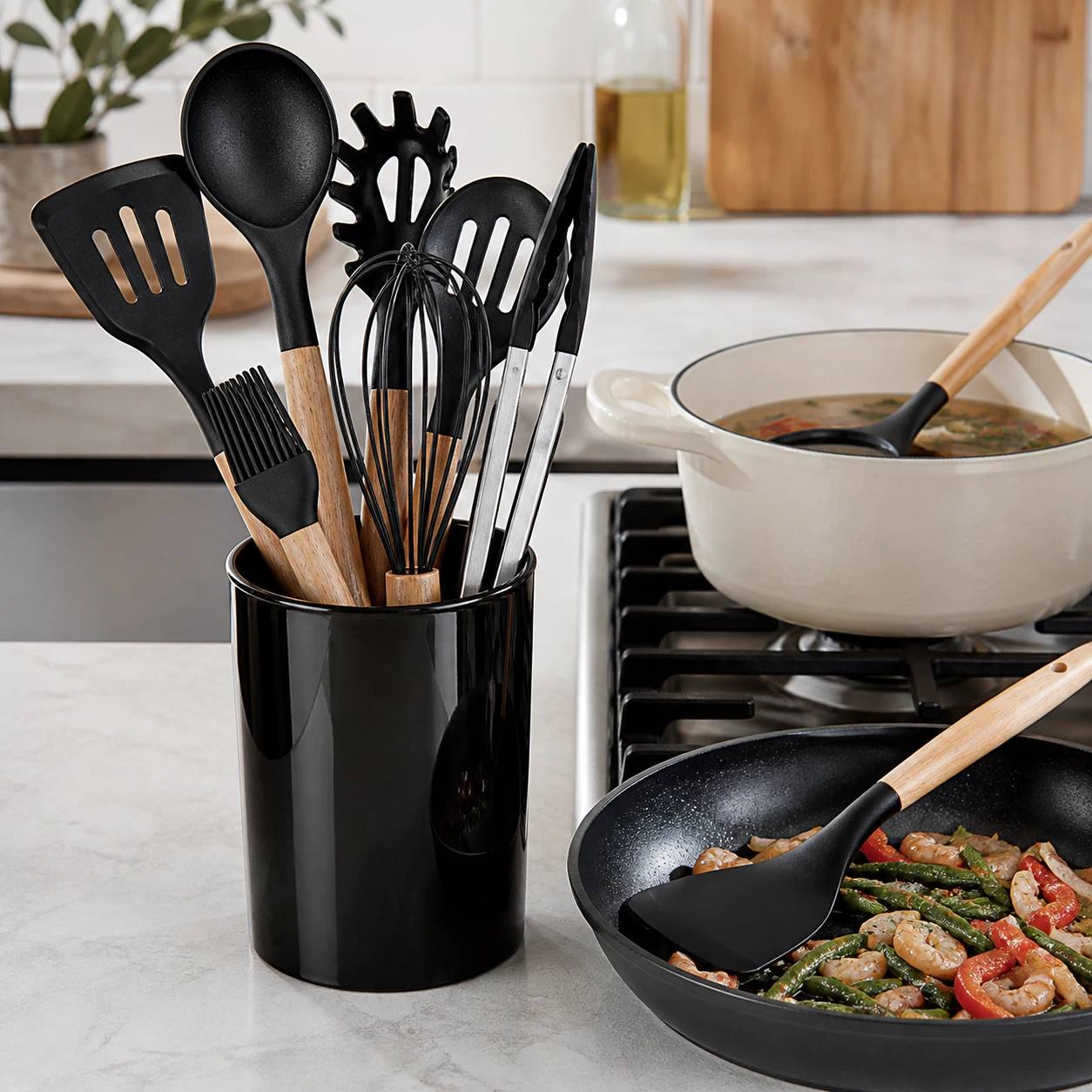 Juego de 12 piezas de Utensilios de Cocina para Comedor de Plástico y Madera