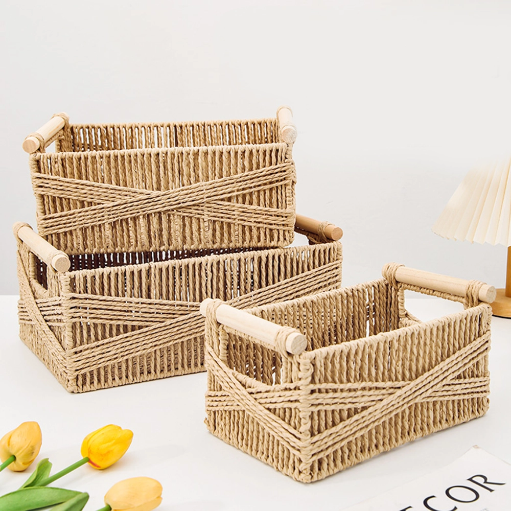 Cesta de Almacenamiento Set de 3 Piezas Tejido de Papel Amarillo Madera