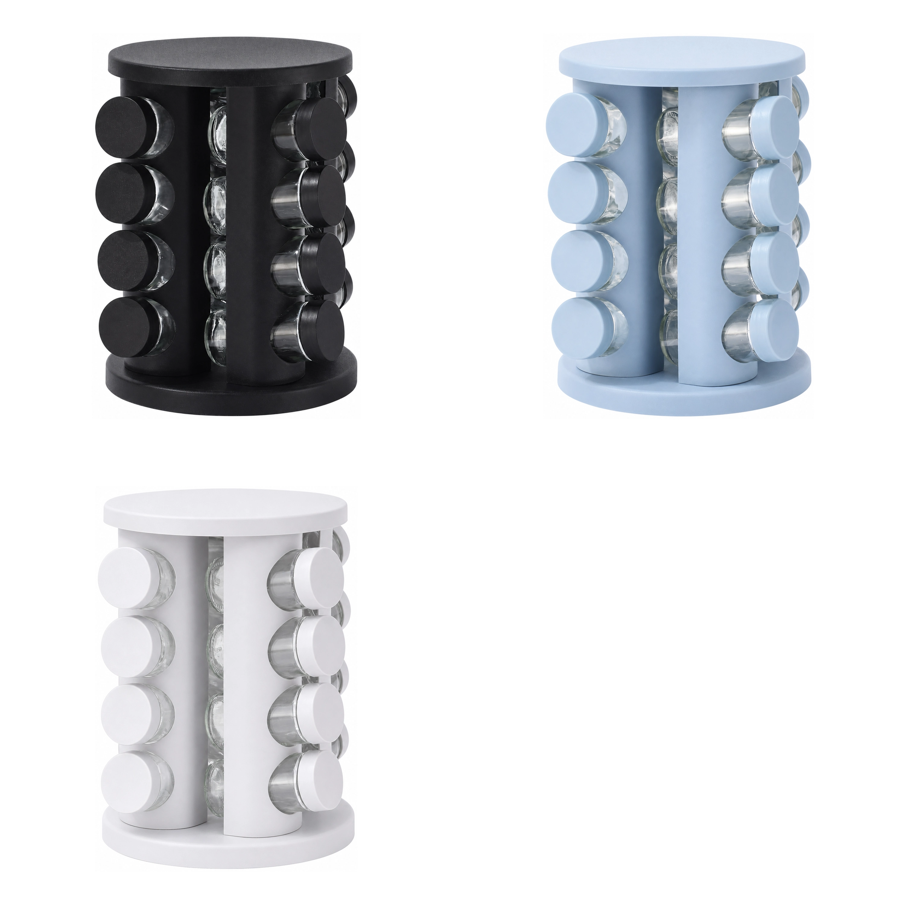 Organizador Giratorio de Especias de Plástico, Vidrio y PP Negro / Blanco / Azul 16 Frascos
