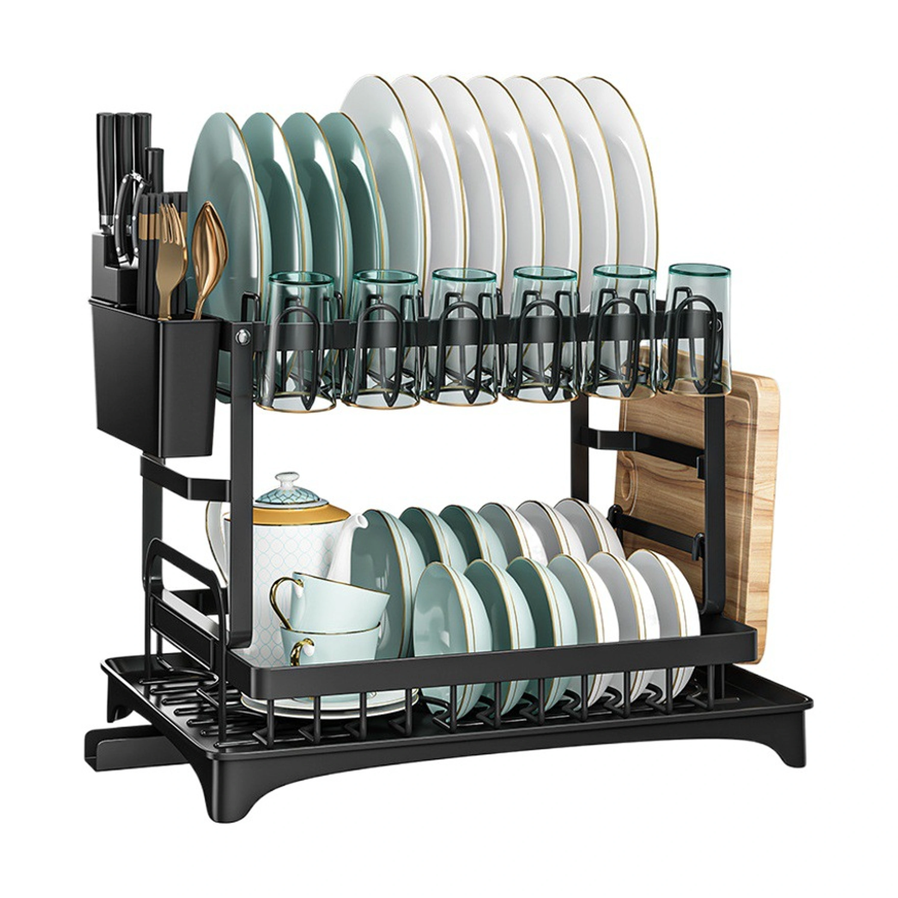 Organizador de Platos de Doble Nivel de Cocina de Hierro Negro / Blanco 2 kg