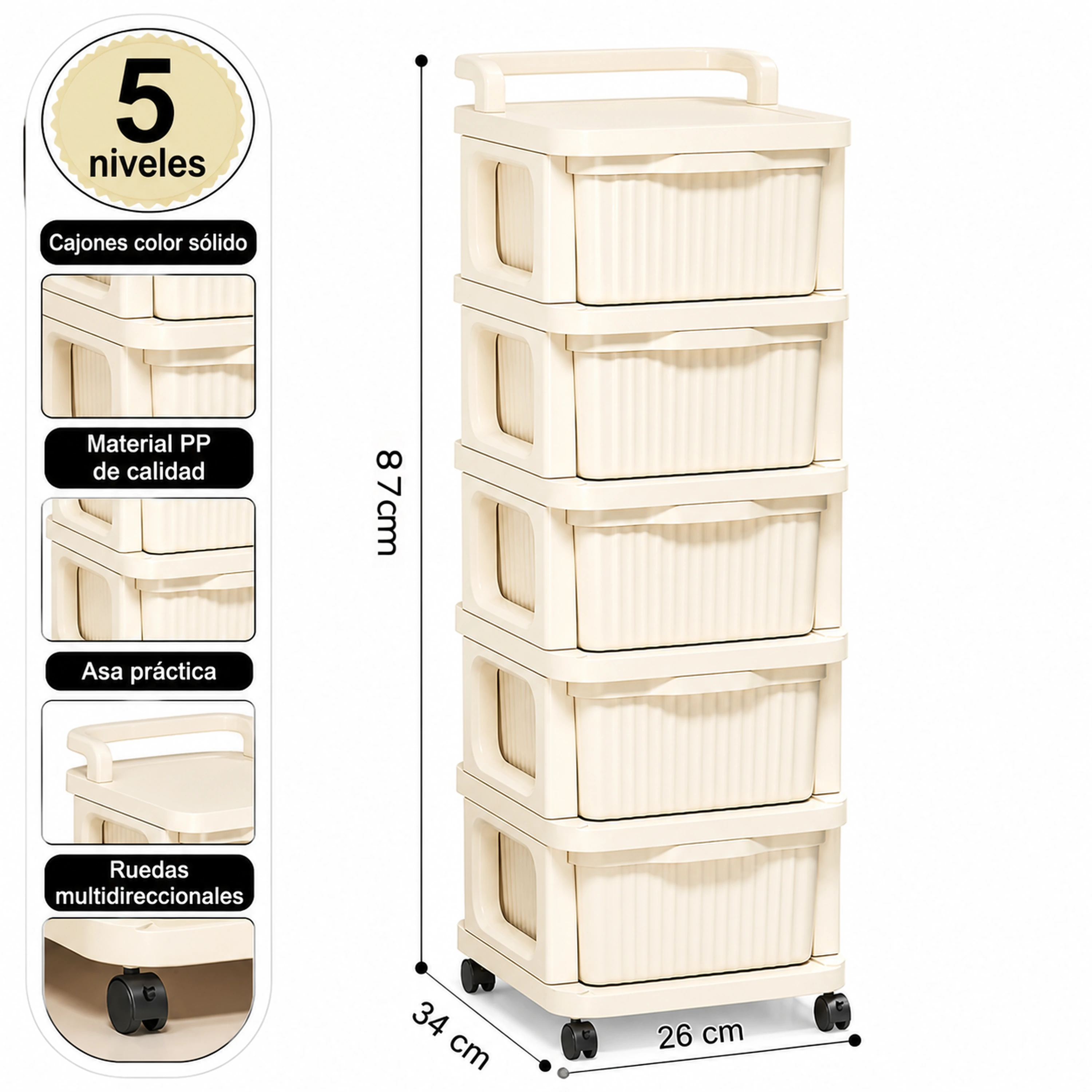 Carrito organizador 5 capas 34*26*59cm Plástico Blanco roto