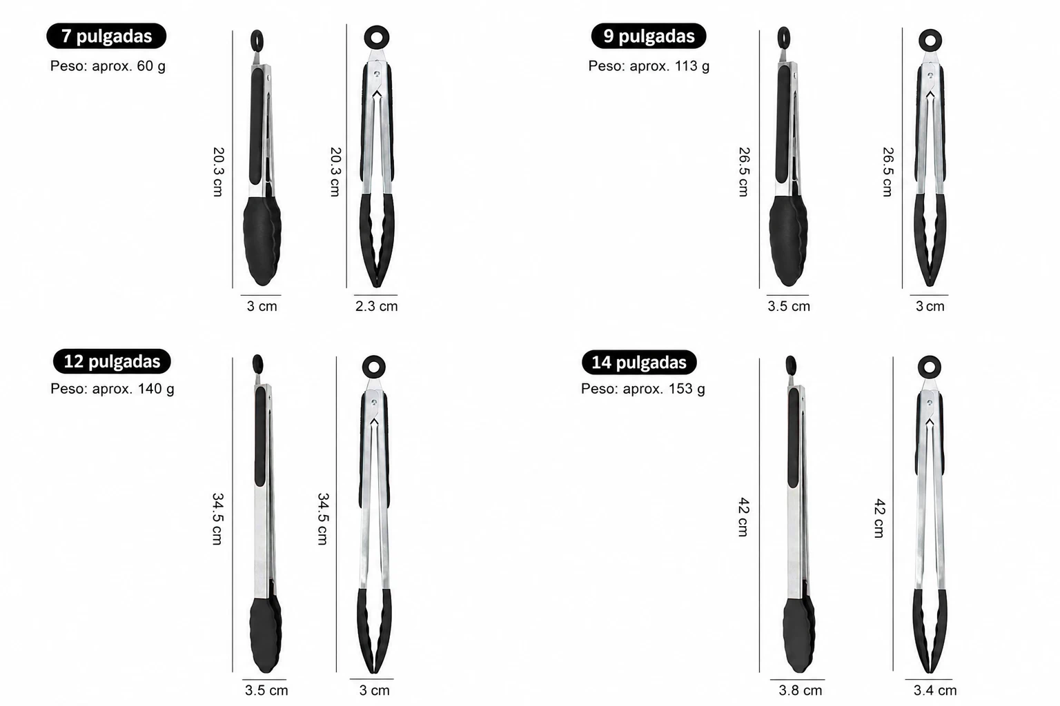 Pinza para Alimentos de Silicona para Preparar Alimentos de Silicona y Acero Inoxidable Negro