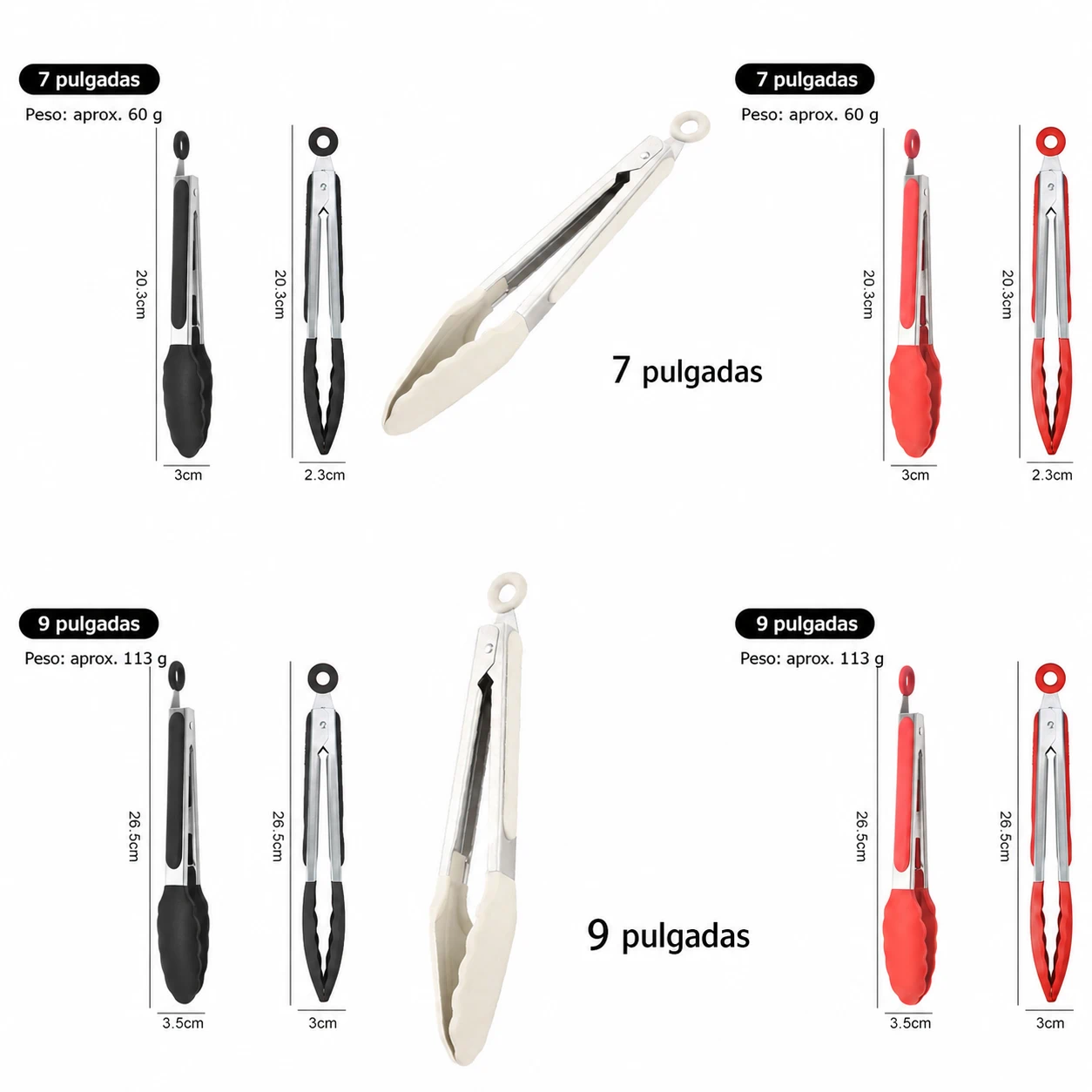 Pinza para Alimentos para Preparar Alimentos de Silicona y Acero Inoxidable Negro / Blanco / Rojo