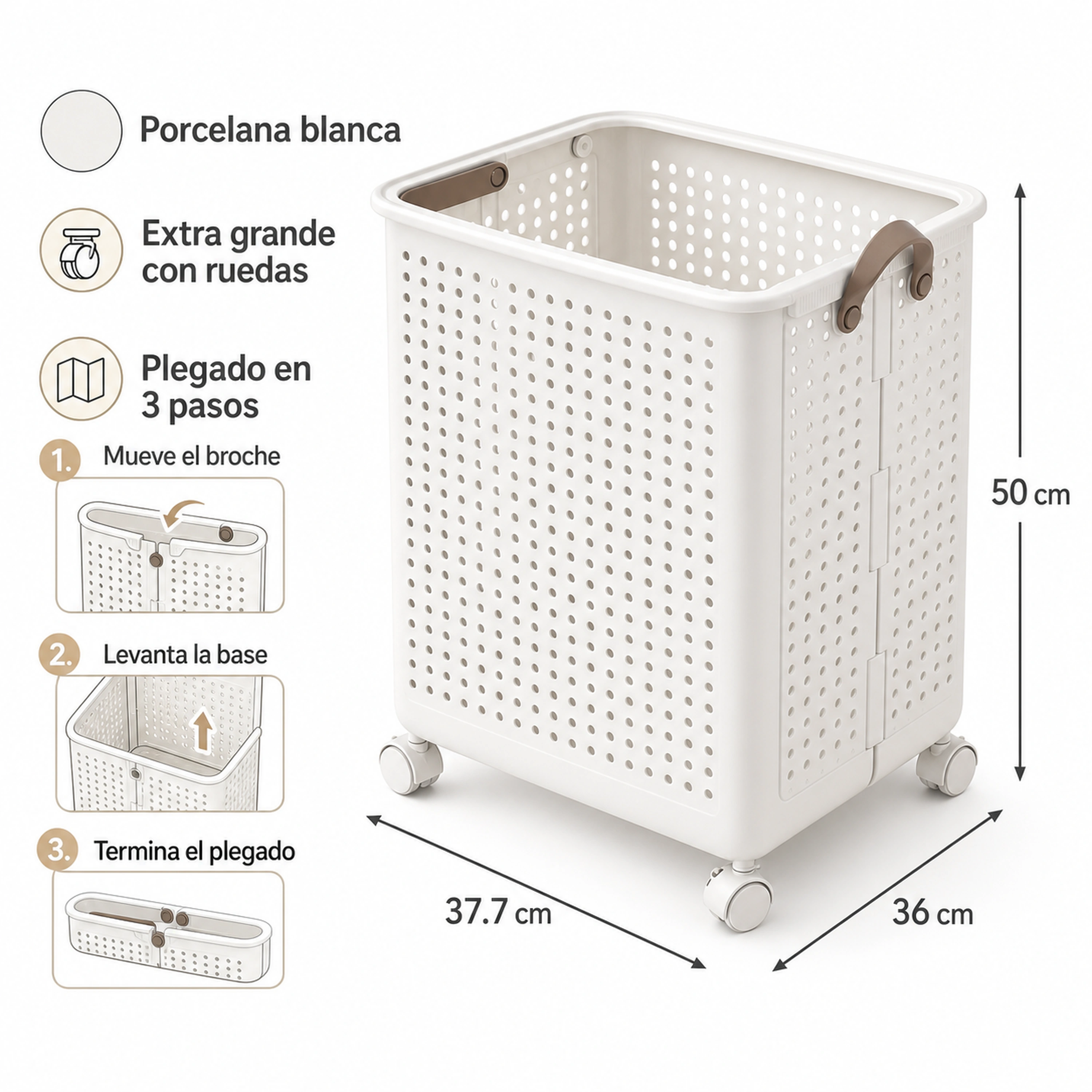 Cesta de ropa sucia 37.7*36*50cm Extra grande con ruedas Plástico