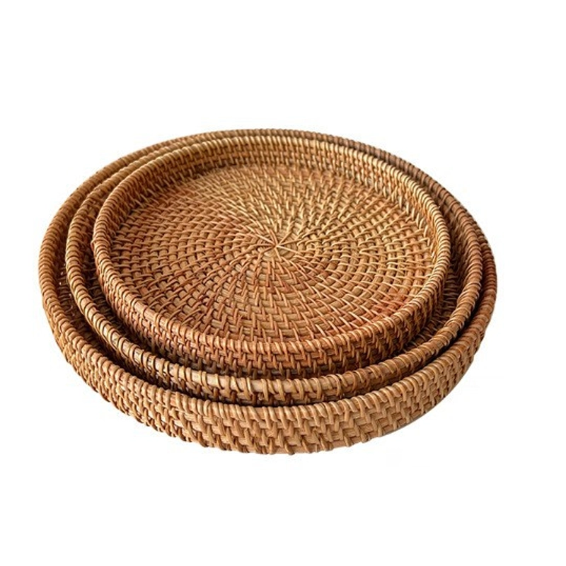 Bandeja de Postres Set de 3 Piezas Tejido de Ratán Madera Natural