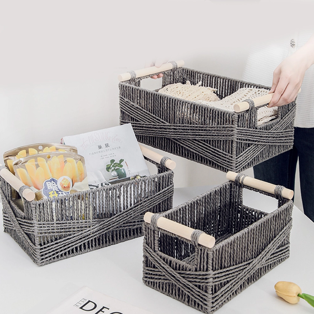 Cesta de Almacenamiento Set de 3 Piezas Tejido de Papel Gris Madera