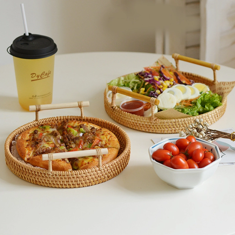 Bandeja de Postres Set de 3 Piezas Tejido de Ratán Madera Natural