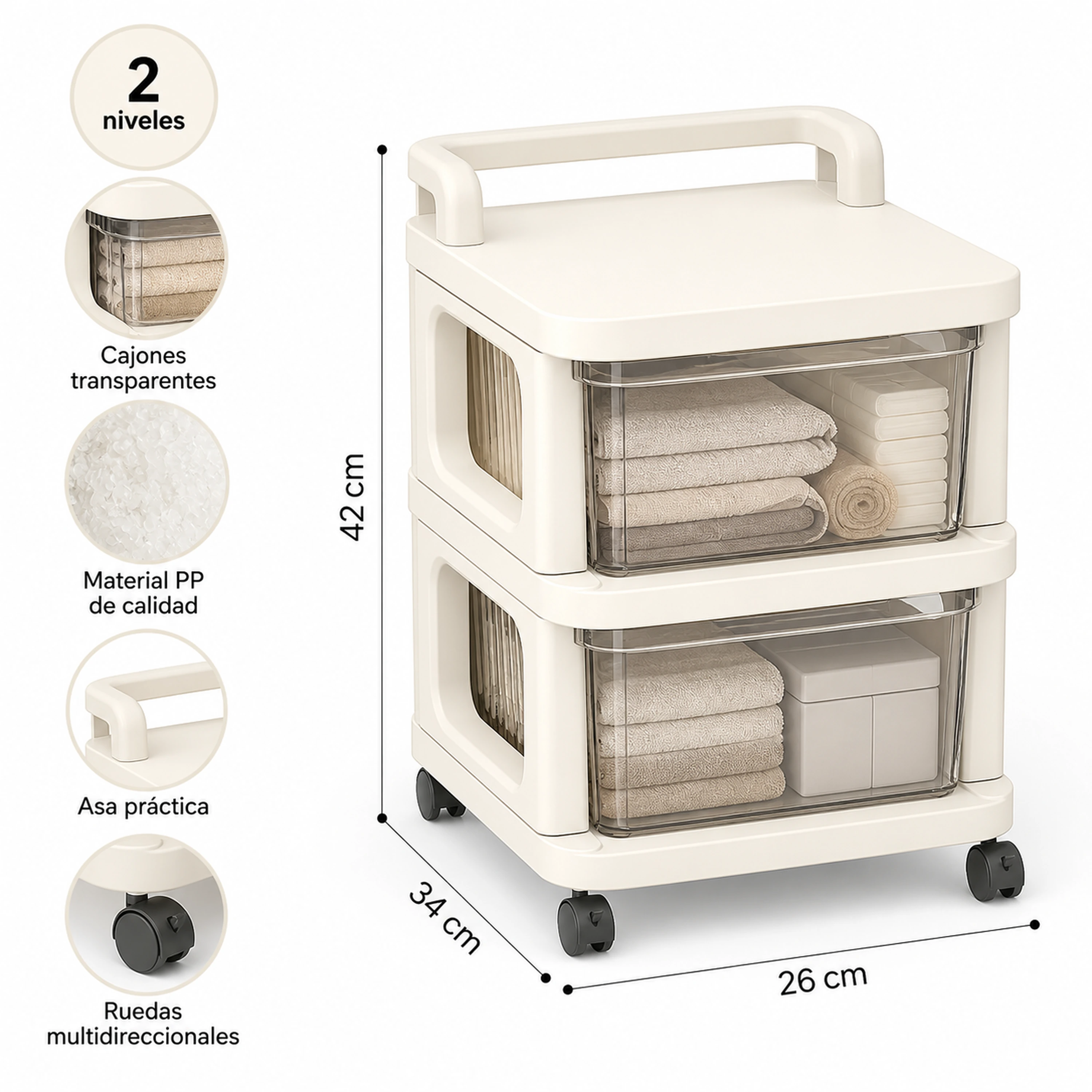 Carrito organizador 2 capas 26*34*42cm Plástico Transparente