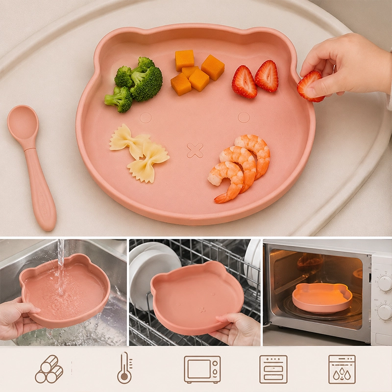 Juego de Utensilios de Silicona para Bebés, 16*17.5cm, Plato Grado Alimenticio para Papillas