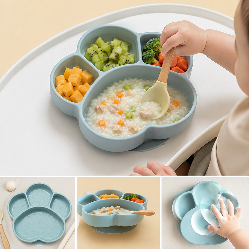 Plato de Silicona Dividido para Bebés, 19*19cm, Grado Alimenticio