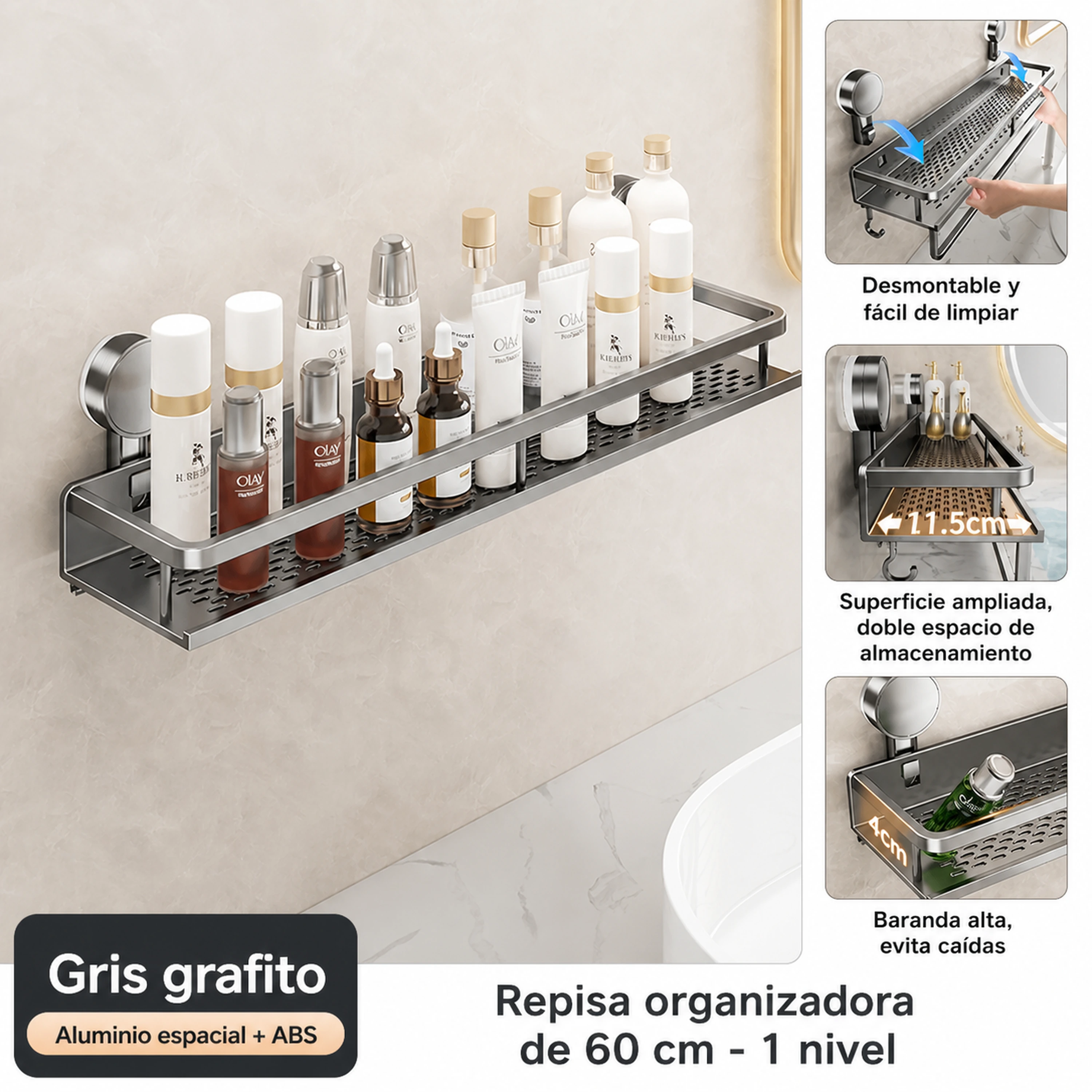 Organizador de pared con ventosa 60.5*6*12.8cm Aleación de aluminio image 2