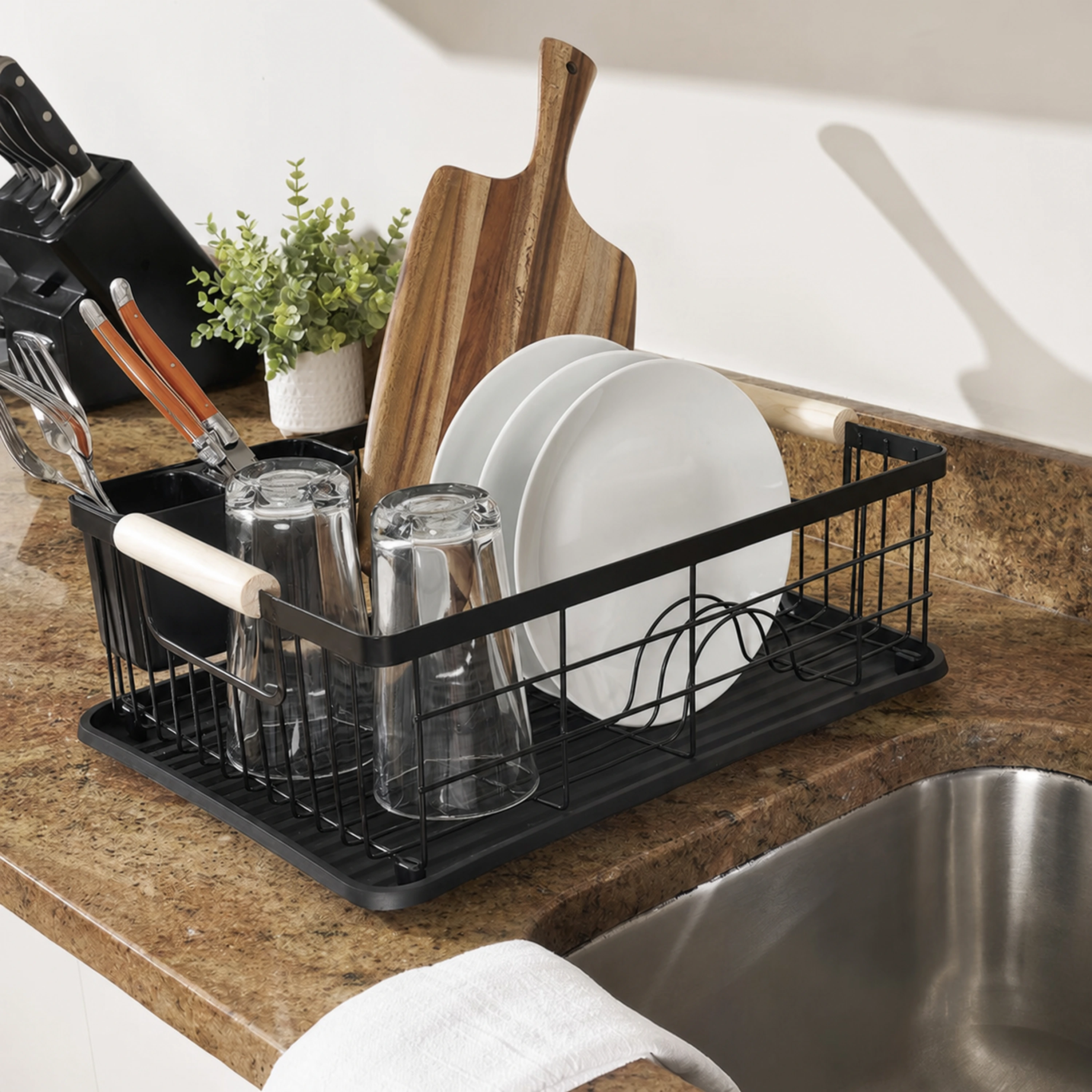 Organizador de Platos y Cubiertos de Cocina de Hierro, PP y Madera Negro 43 x 32 x 13 cm image 1