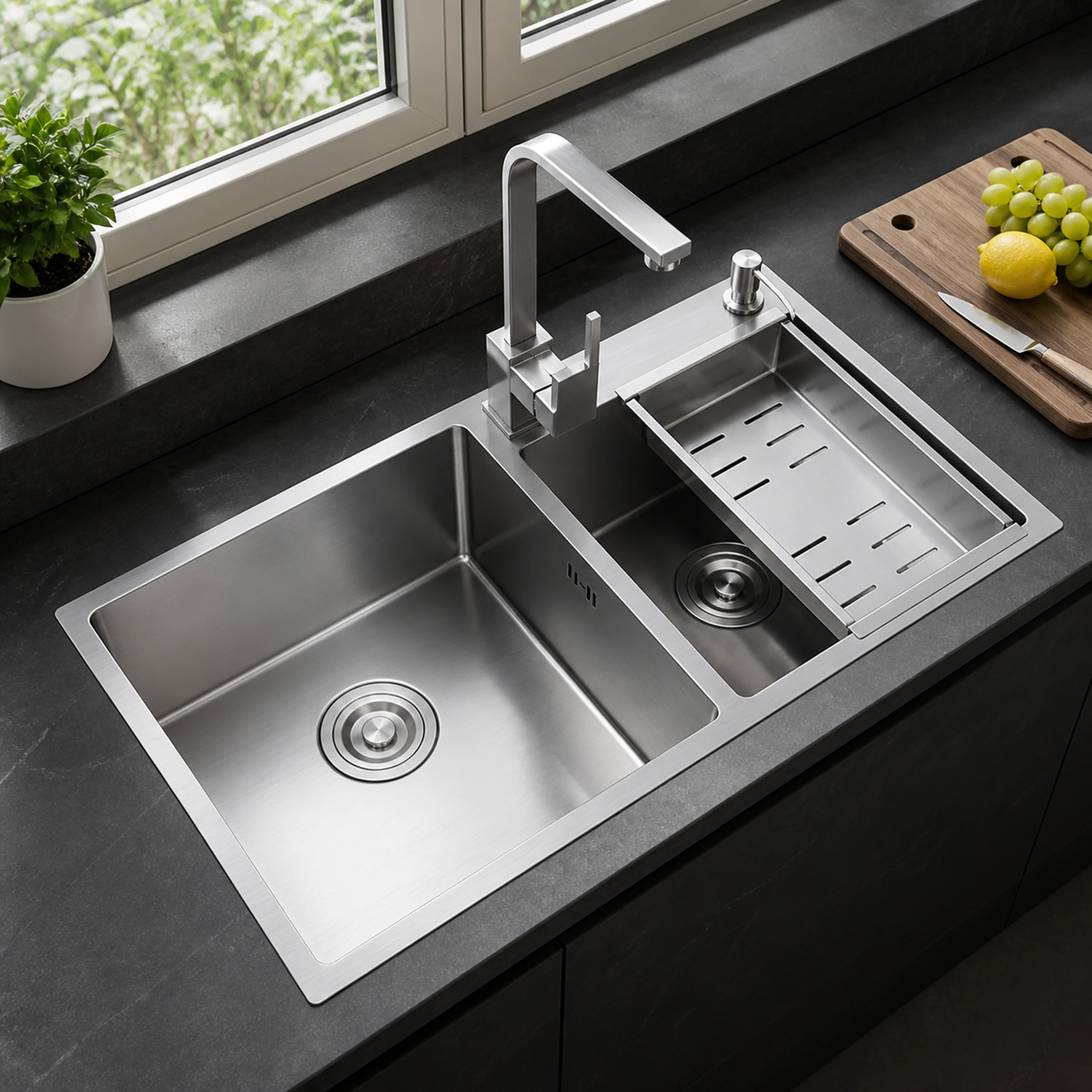 Fregadero de Acero Inoxidable 304 Nano Plata Doble Seno 81x43cm
