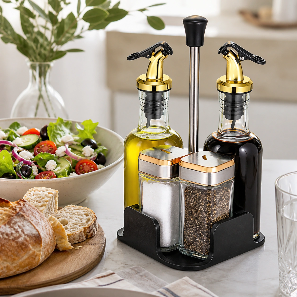 Vidrio, plástico set de botellas de aceite y vinagre con salero y pimentero para condimentar en cocina image 1