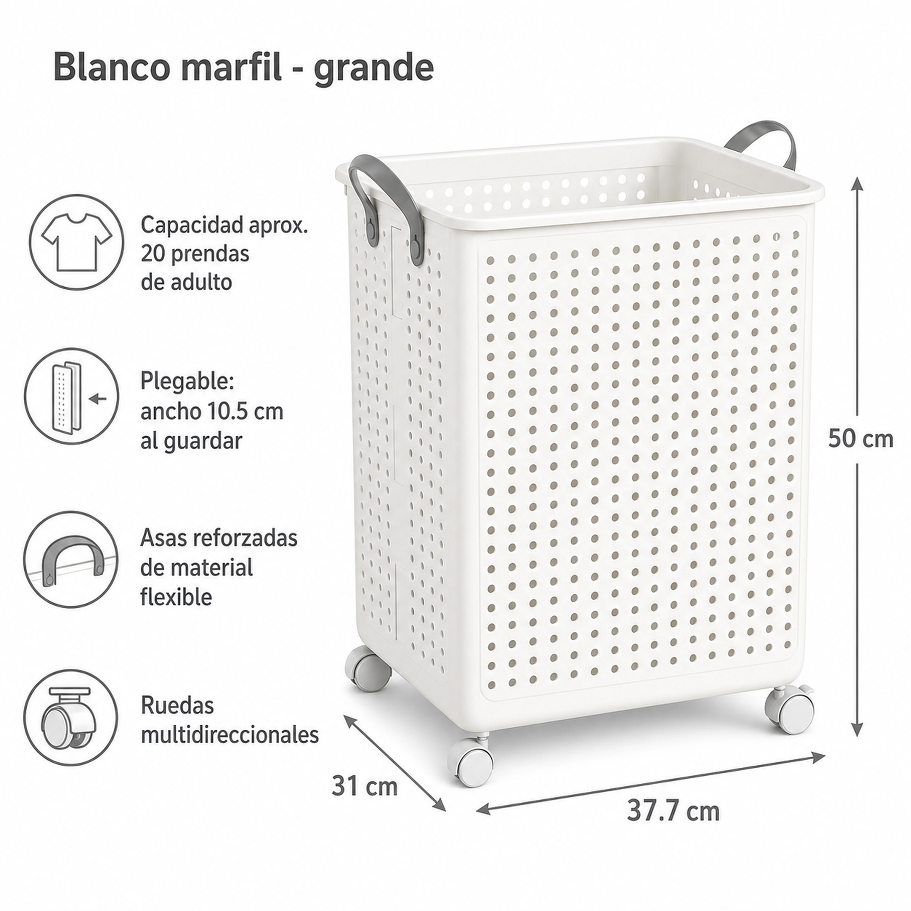 Cesta de ropa sucia 31*37.7*50cm Grande con ruedas Plástico image 2