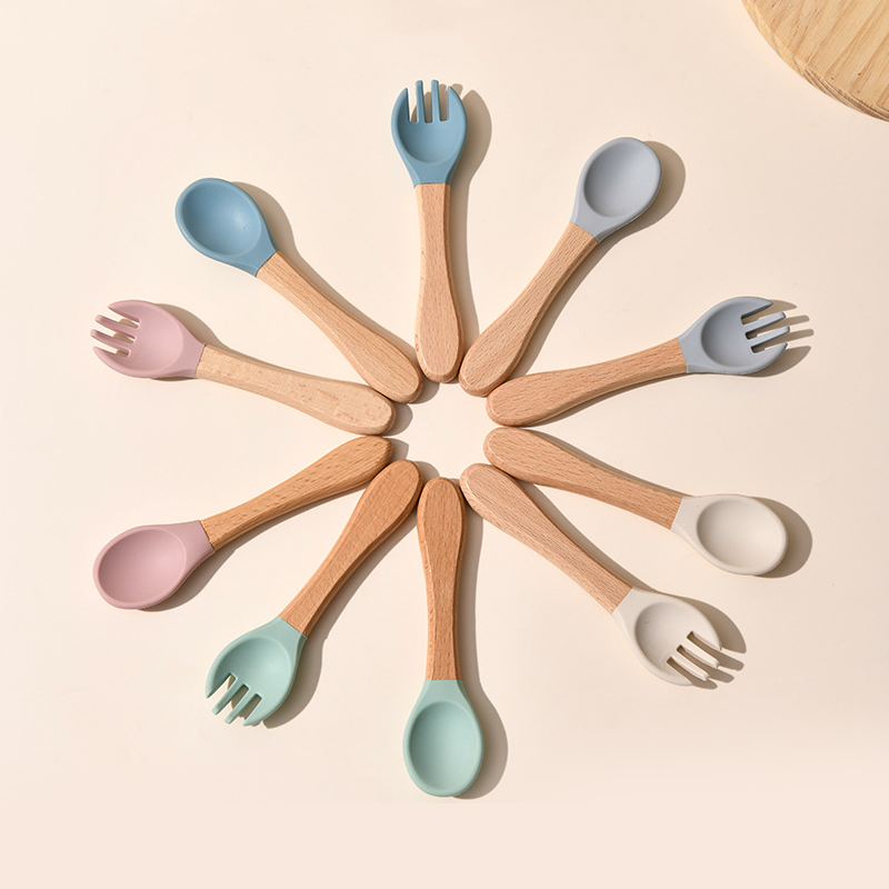 Utensilios de Alimentación para Bebés, 14*3.5cm, Tenedor y Cuchara con Mango de Madera y Punta de Silicona, en Tonos Morandi